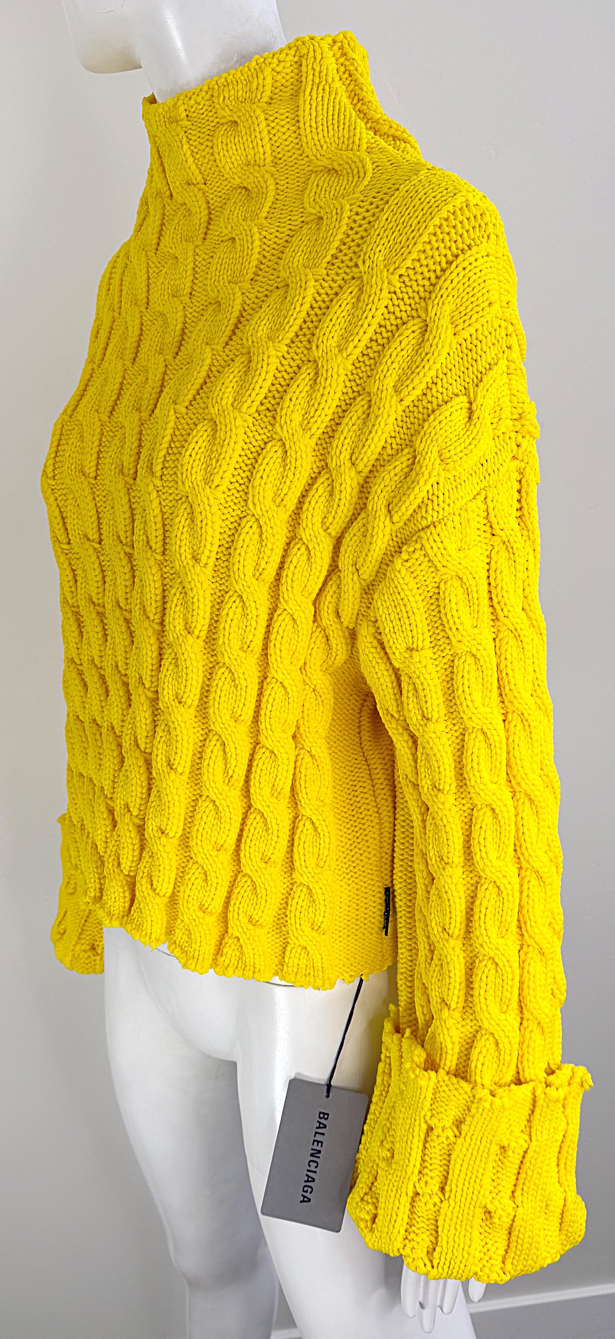 NWT Balenciaga Size Large Bright Yellow Cable Knit Slightly Cropped Sweater For Sale 5