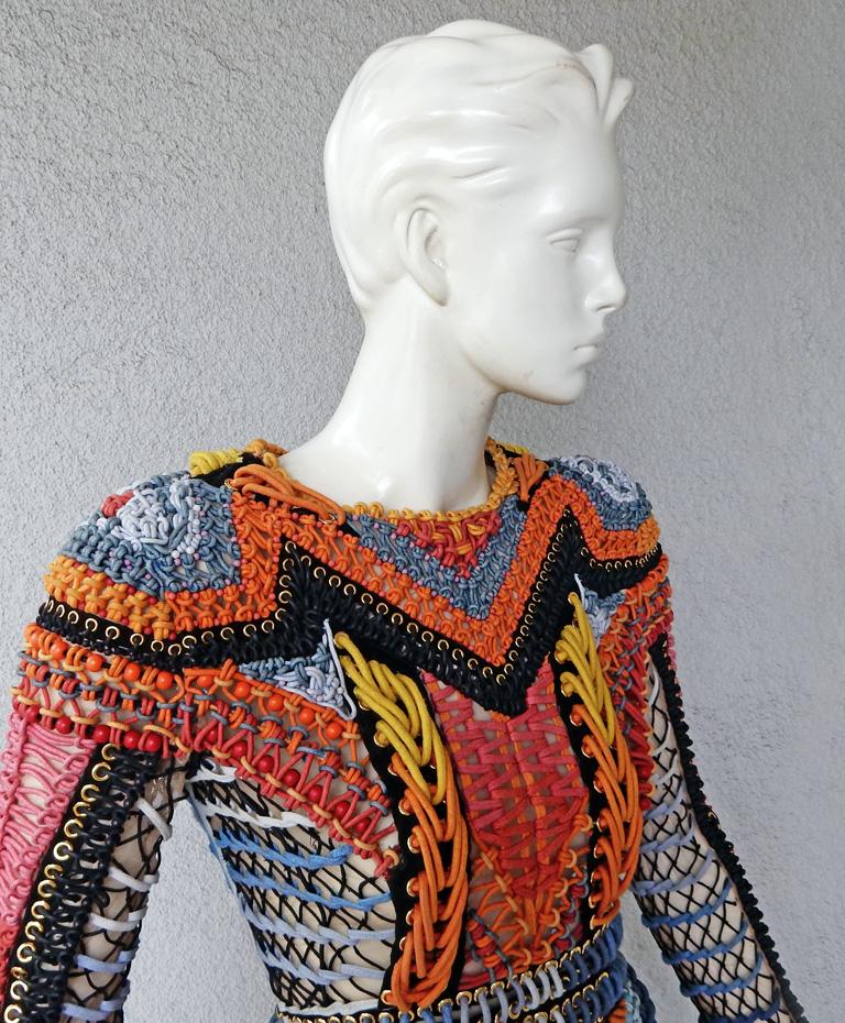 Gray NWT Balmain Runway Handmade Multihued Macrame Crochet Dress  For Sale