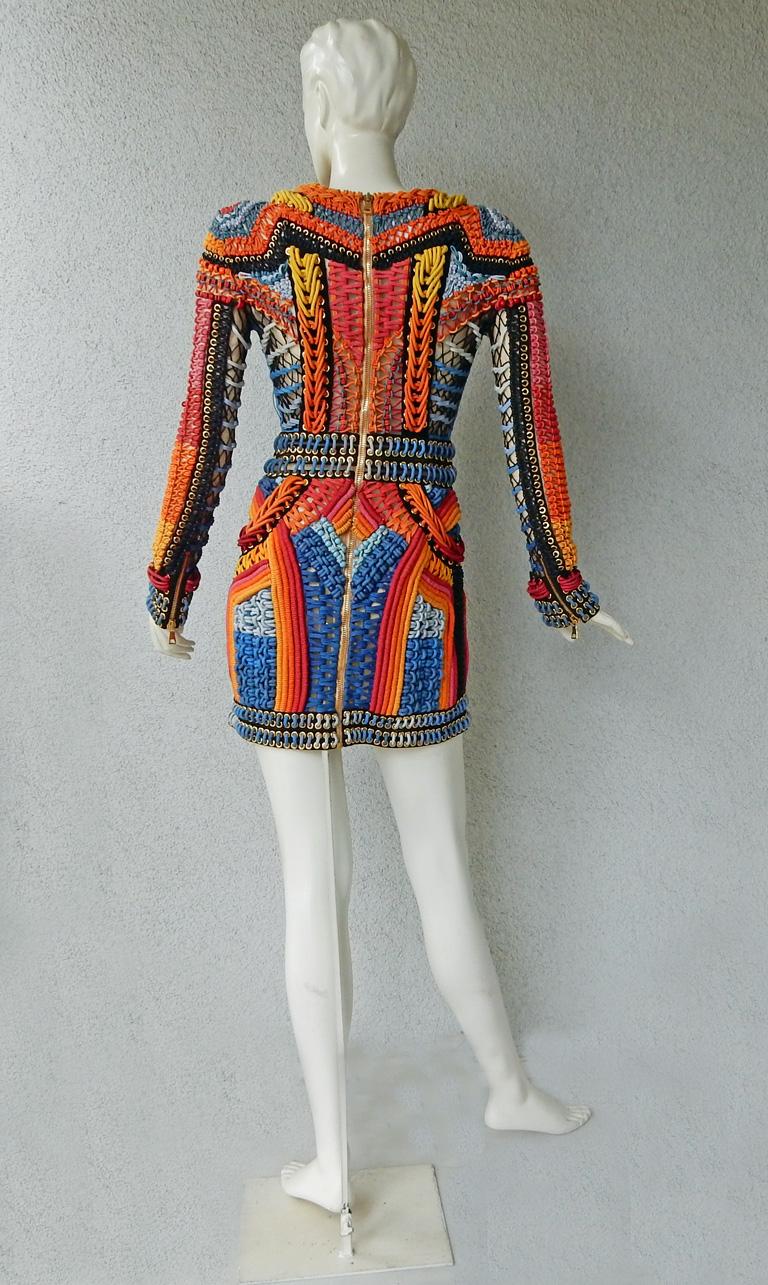 Women's NWT Balmain Runway Handmade Multihued Macrame Crochet Dress  For Sale