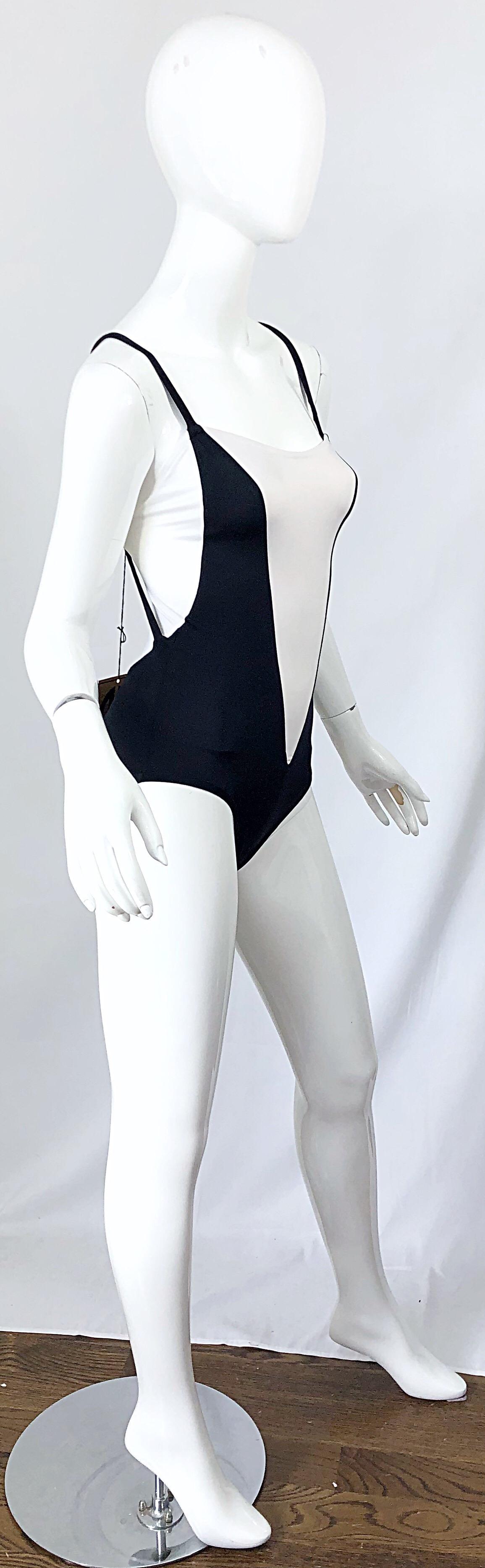 NWT Bill Blass 1980s Sz 8 Trompe l'oeil Black and White 80s Swimsuit Bodysuit 7