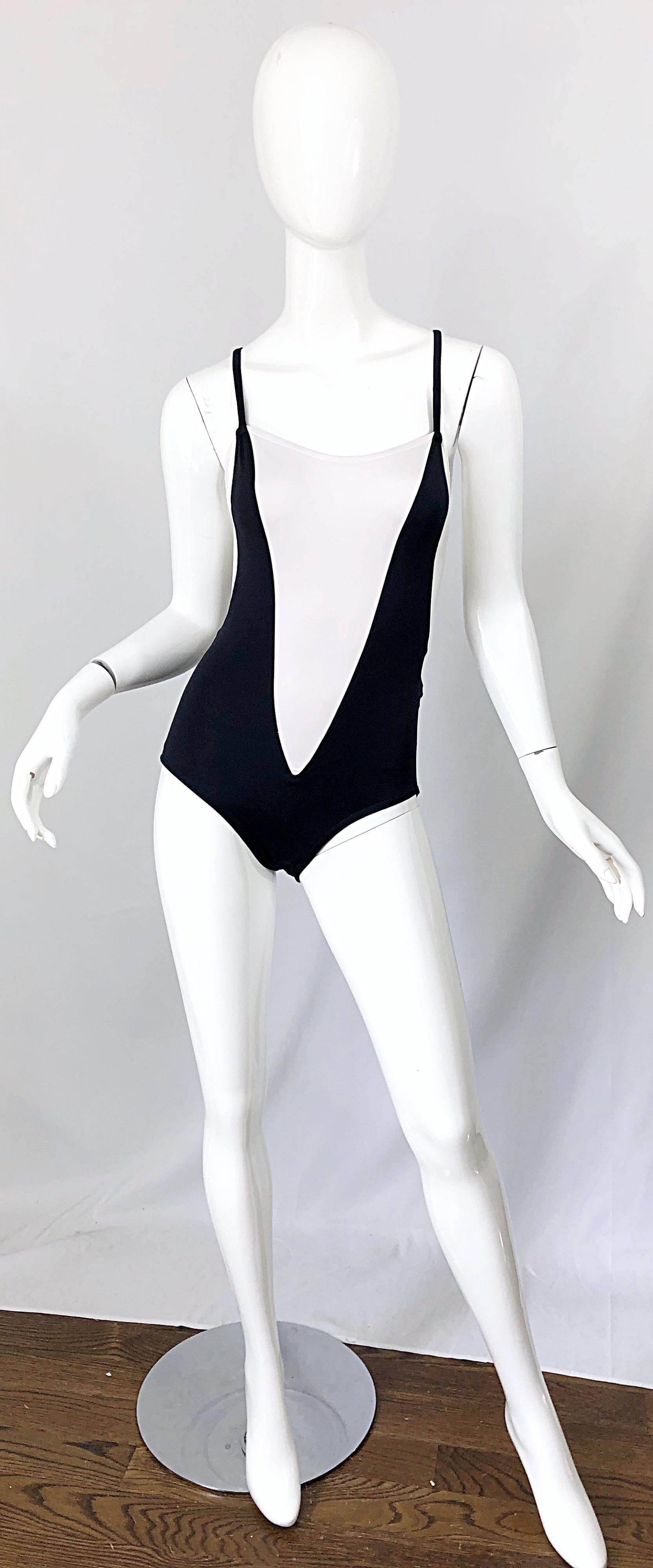 NWT Bill Blass 1980s Sz 8 Trompe l'oeil Black and White 80s Swimsuit Bodysuit 8