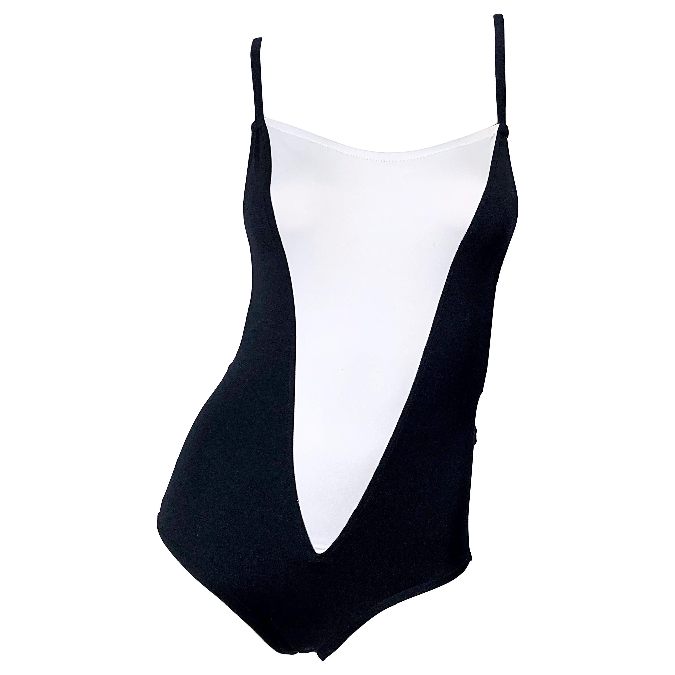 NWT Bill Blass 1980s Sz 8 Trompe l'oeil Black and White 80s Swimsuit Bodysuit