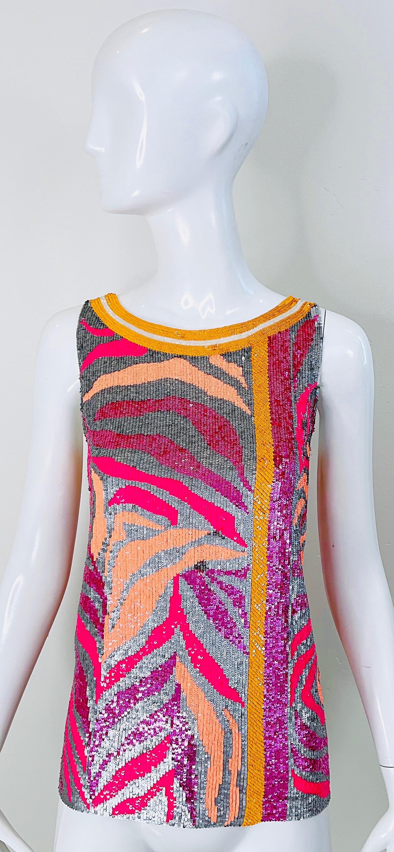 Amazing new with tags BLUMARINE COUTURE Runway Spring 2008 silk chiffon neon abstract zebra print full sequined sleeveless top ! Features thousands of hand-sewn sequins throughout the entire top. Bright neon colors of hot pink, fuchsia and orange.