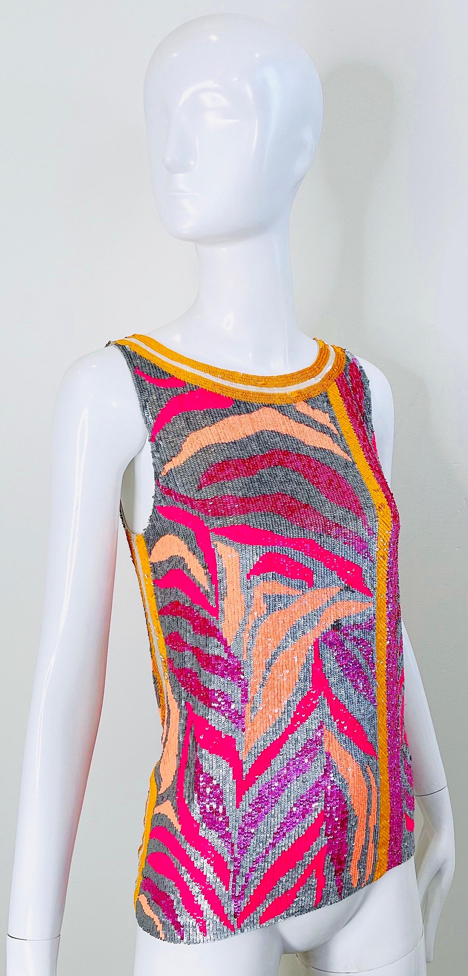 NWT Blumarine Couture Runway Spring 2008 Size 6 Sequin Pink Orange Zebra Top In New Condition For Sale In San Diego, CA