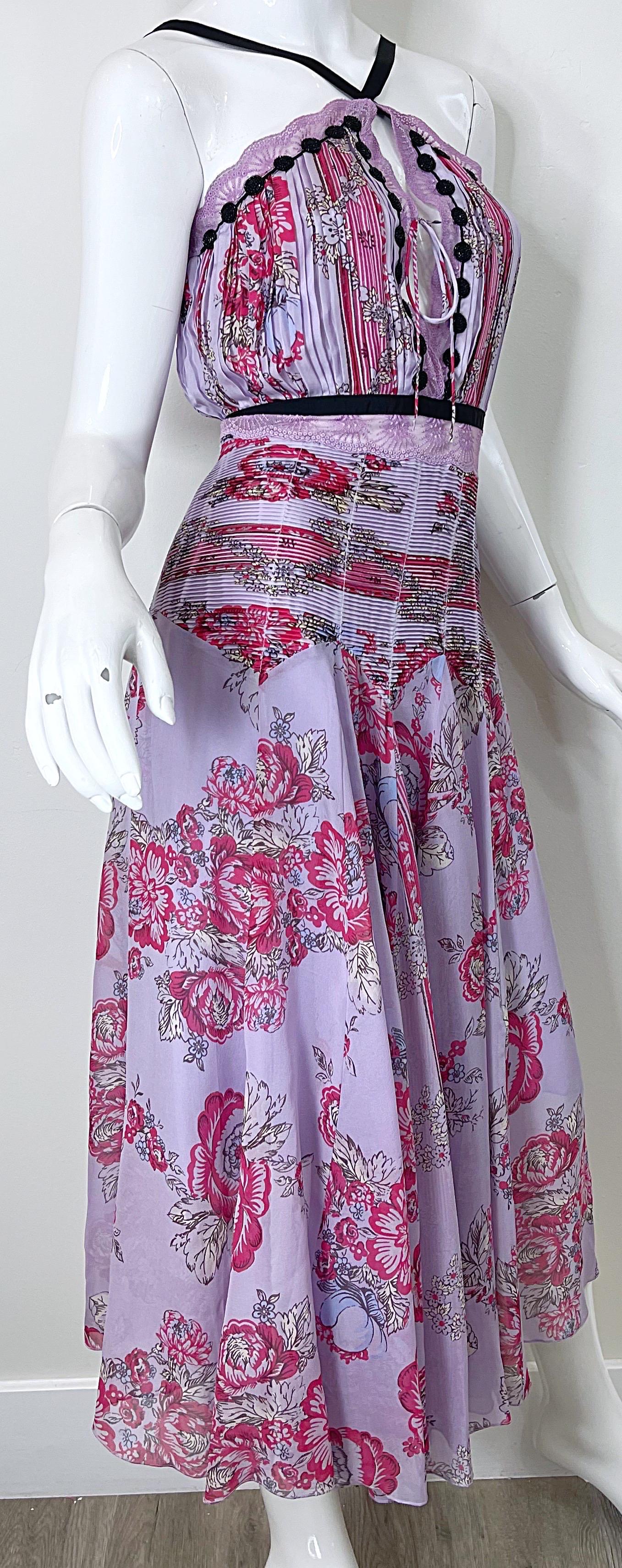 NWT Blumarine Runway Spring 2006 Size 42 / 6 Purple Pink Beaded Silk Midi Dress For Sale 6