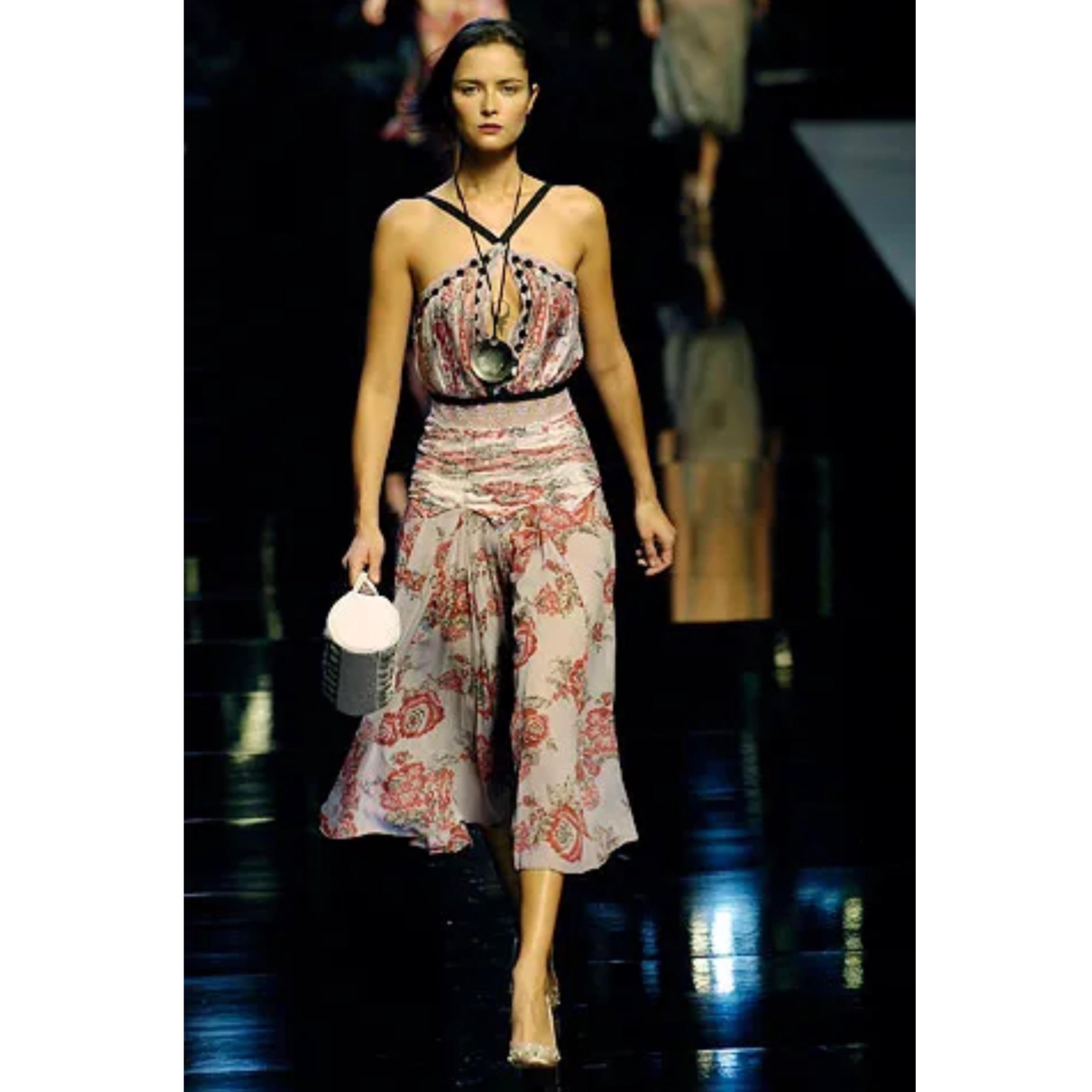 Beautiful BLUMARINE Spring / Summer 2006 Runway hand embroidered silk midi dress ! Brand new, with original Neiman Marcus store tags still attached. Flower prints in a soft purple and hot pink. Black beaded flowers adorn the bodice. Black ribbon
