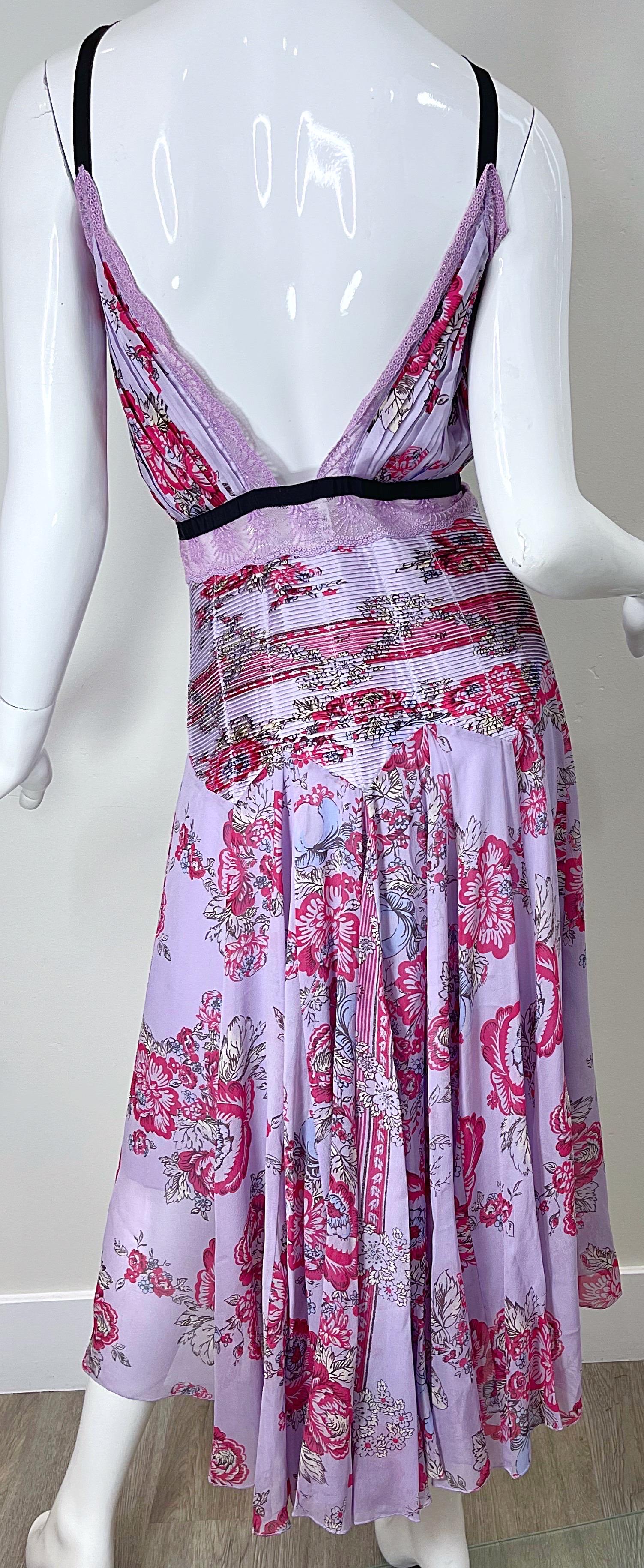 NWT Blumarine Runway Spring 2006 Size 42 / 6 Purple Pink Beaded Silk Midi Dress In New Condition For Sale In San Diego, CA