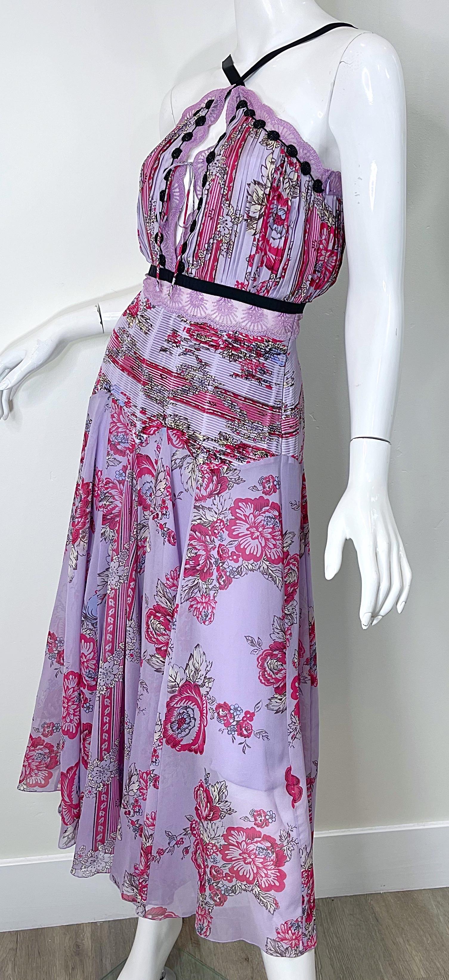 NWT Blumarine Runway Spring 2006 Size 42 / 6 Purple Pink Beaded Silk Midi Dress For Sale 1