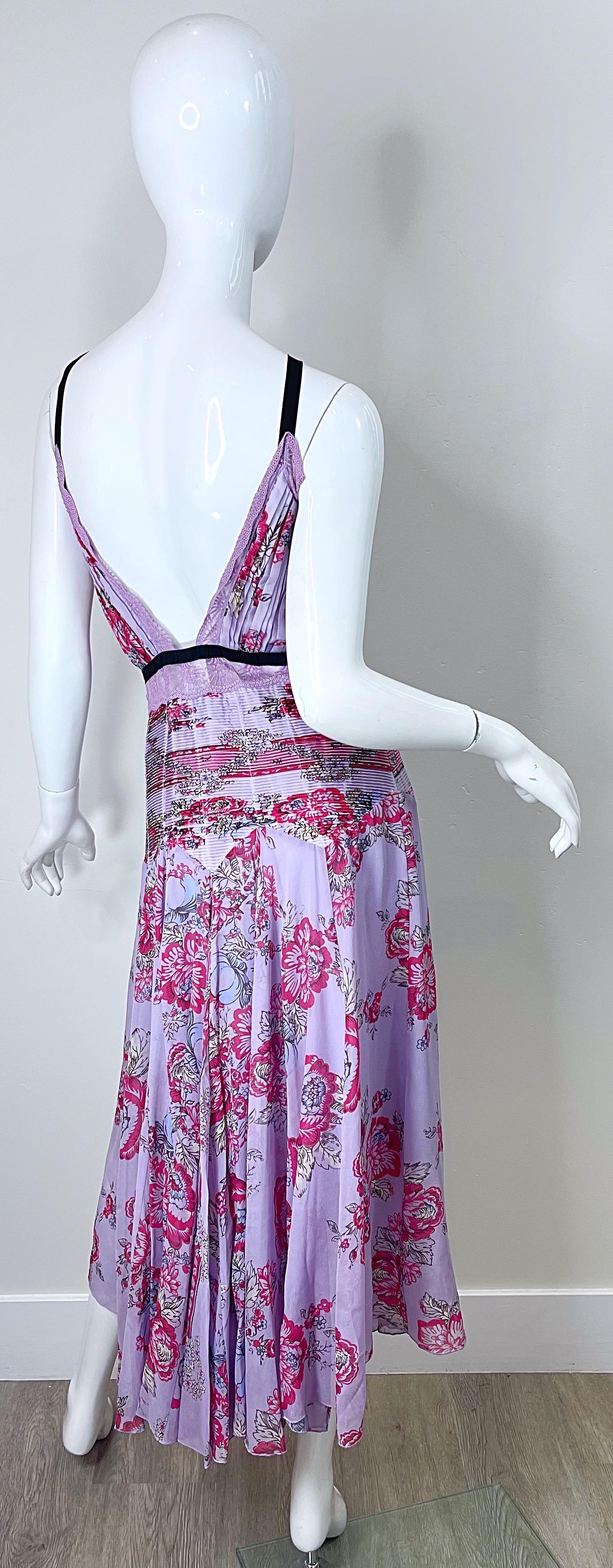 NWT Blumarine Runway Spring 2006 Size 42 / 6 Purple Pink Beaded Silk Midi Dress For Sale 3