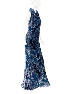 NWT Bob Mackie Boutique Devore Semi-Sheer Blue Velvet Bias Cut Long Dress US 10