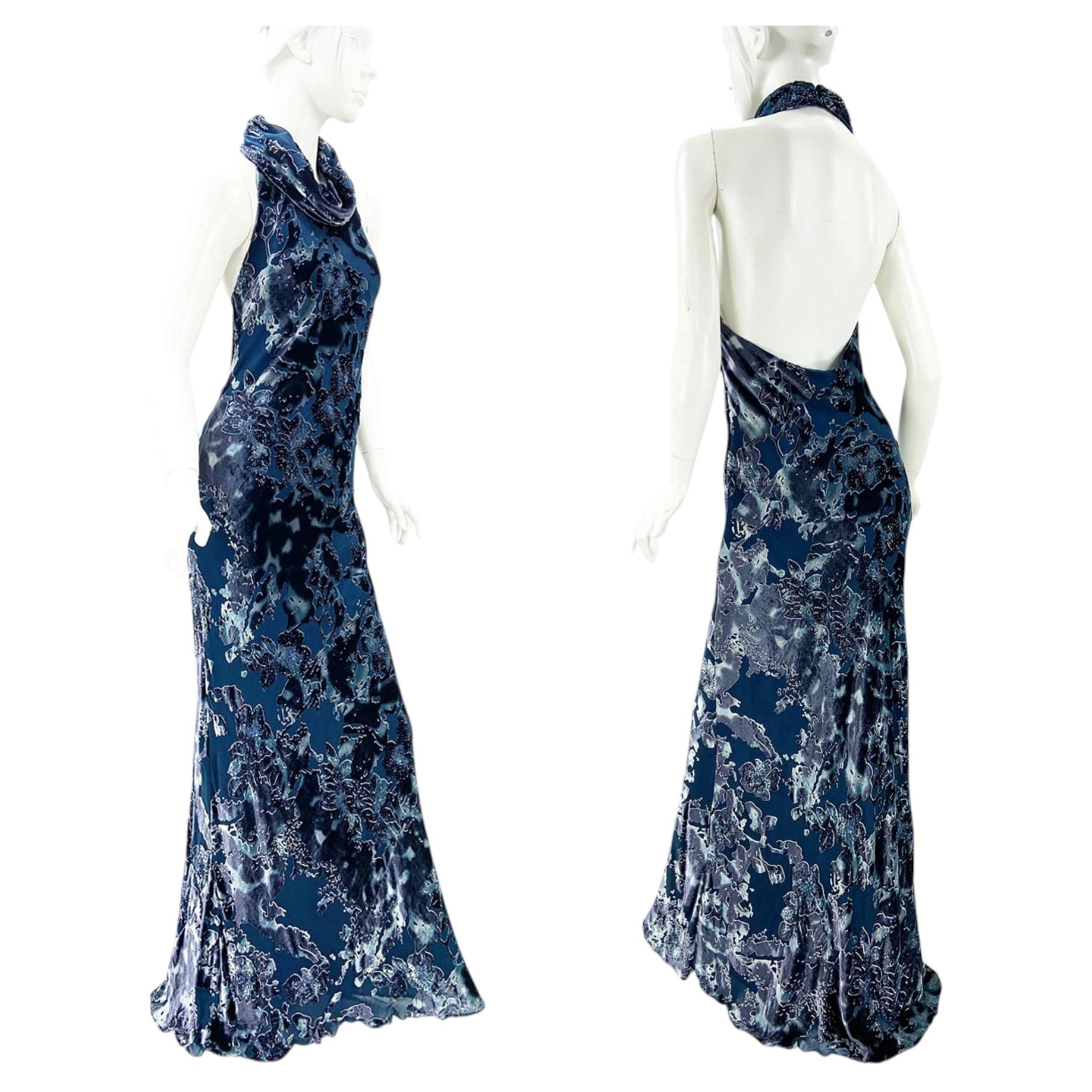 NWT Bob Mackie Boutique Devore Semi-Sheer Blue Velvet Bias Cut Long Dress US 10