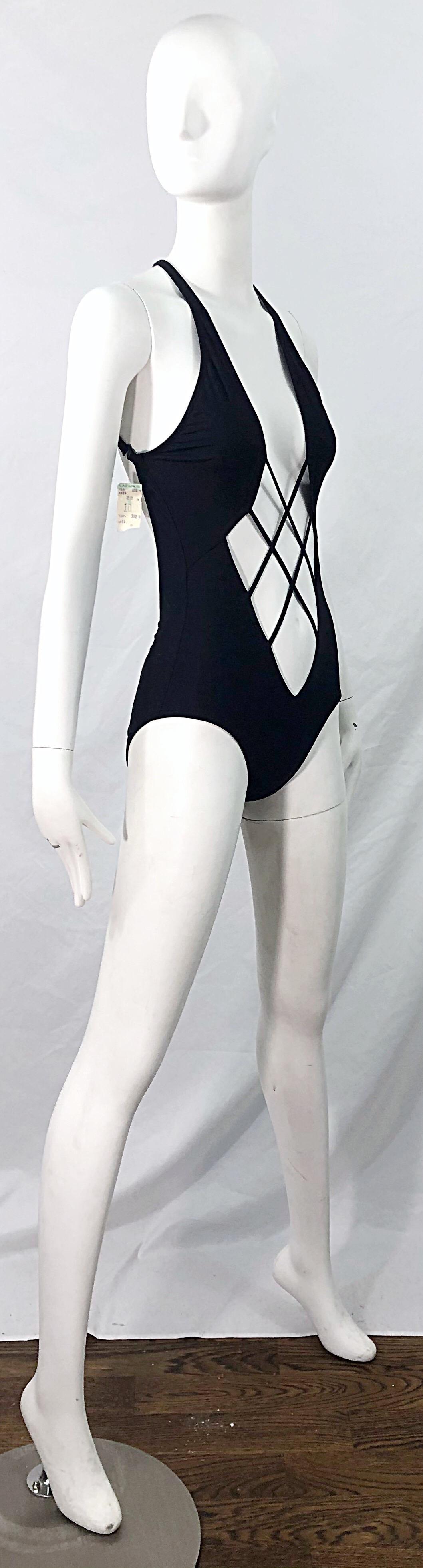 NWT Bob Mackie Late 1970s Black Sexy Cut Out One Piece Vintage Swimsuit Bodysuit 6