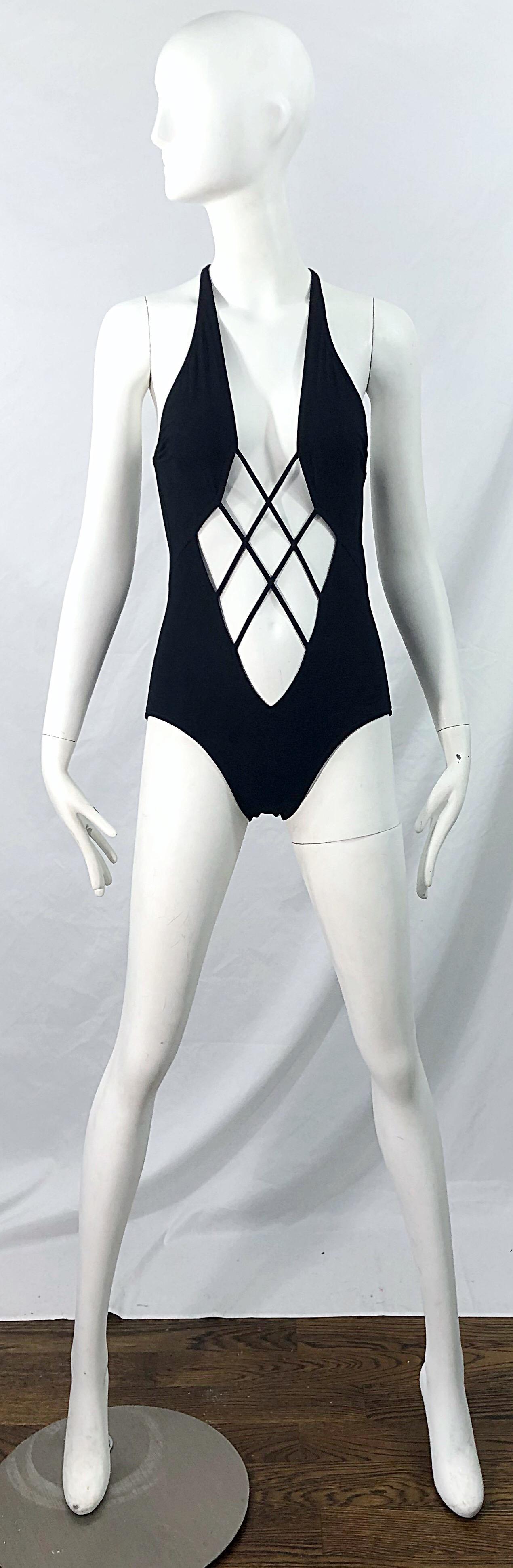 NWT Bob Mackie Late 1970s Black Sexy Cut Out One Piece Vintage Swimsuit Bodysuit 7