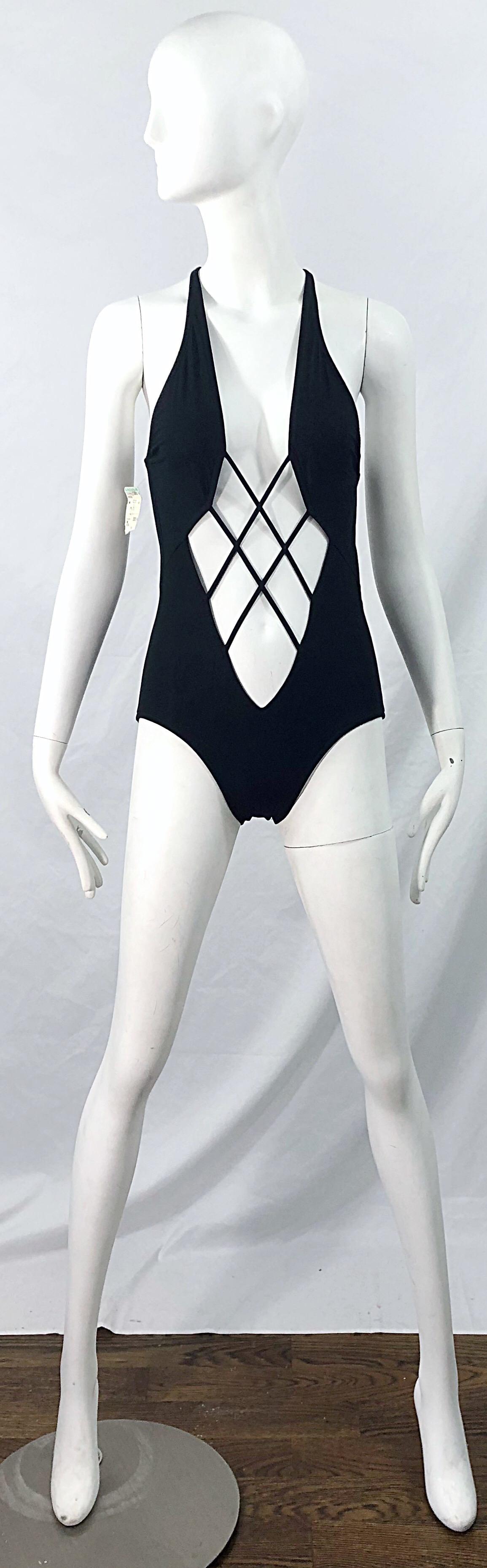 Sexy brand new with tags BOB MACKIE for Cole of California late 1970s / 70s black one piece swimsuit or bodysuit ! Mackie partnered with Cole of California in 1977 for a limited one year line of swimwear / resort wear. Can also be worn with jeans or