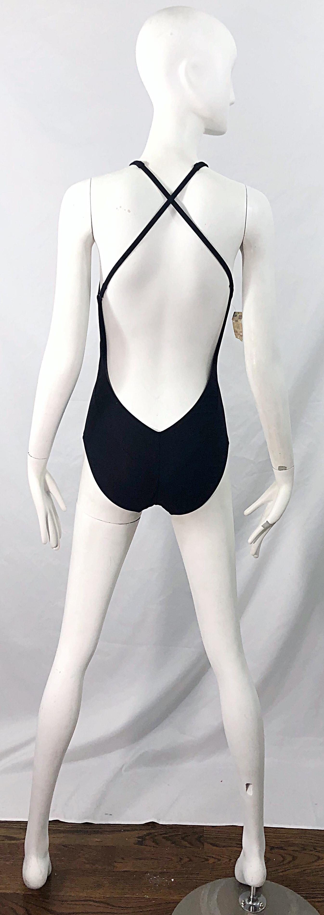 NWT Bob Mackie Late 1970s Black Sexy Cut Out One Piece Vintage Swimsuit Bodysuit In New Condition In San Diego, CA