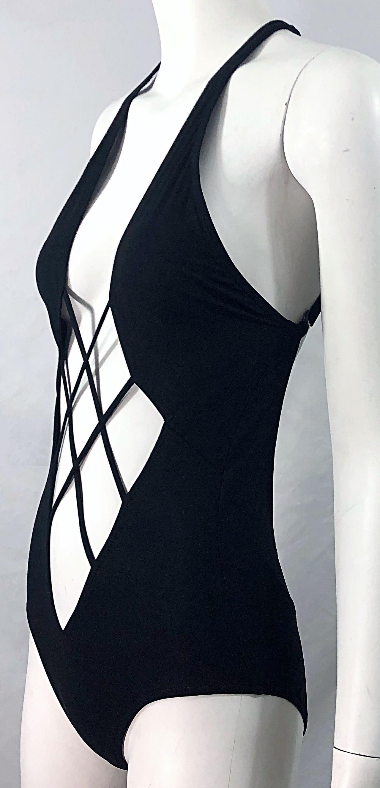 Women's NWT Bob Mackie Late 1970s Black Sexy Cut Out One Piece Vintage Swimsuit Bodysuit