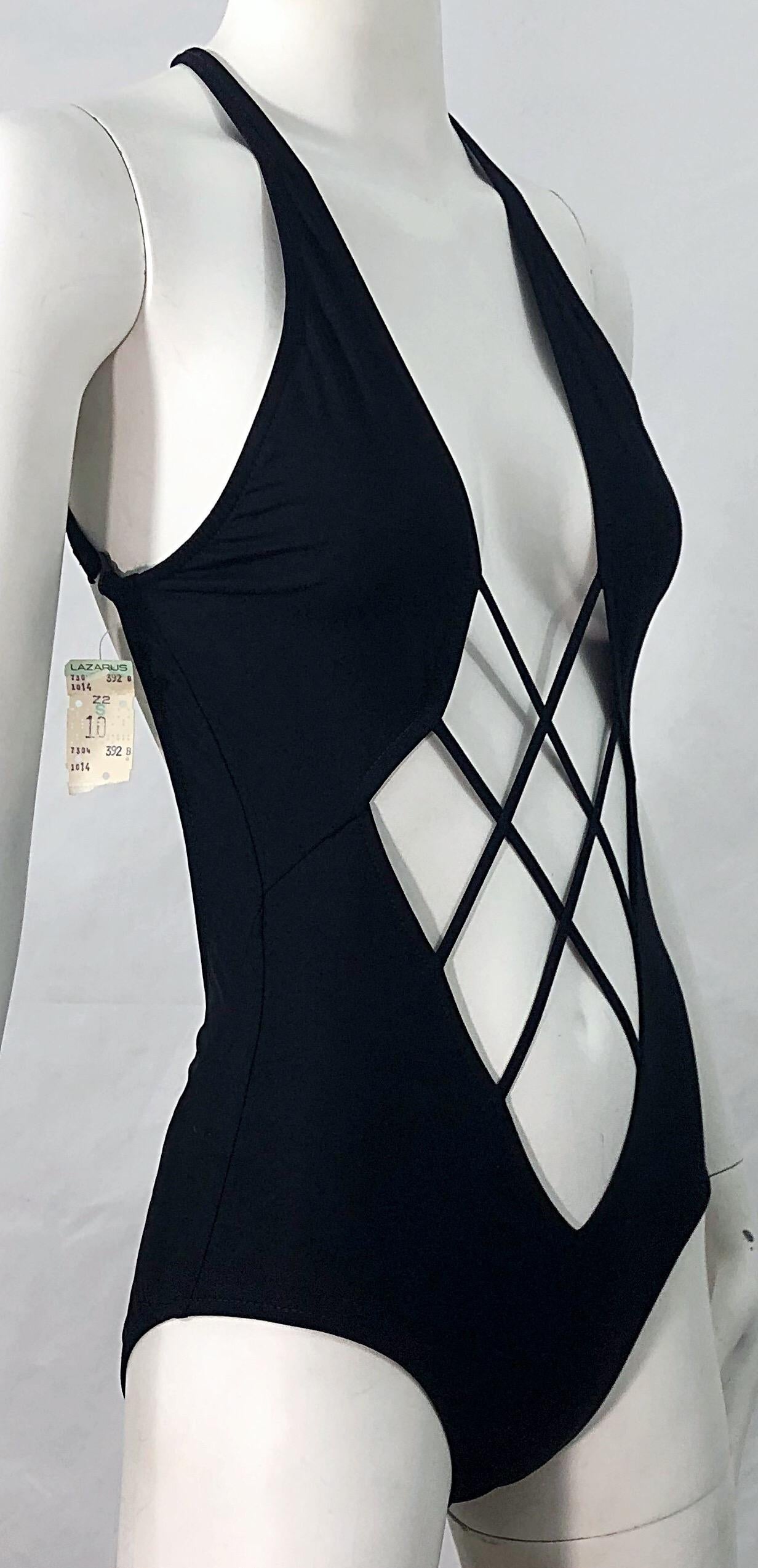 NWT Bob Mackie Late 1970s Black Sexy Cut Out One Piece Vintage Swimsuit