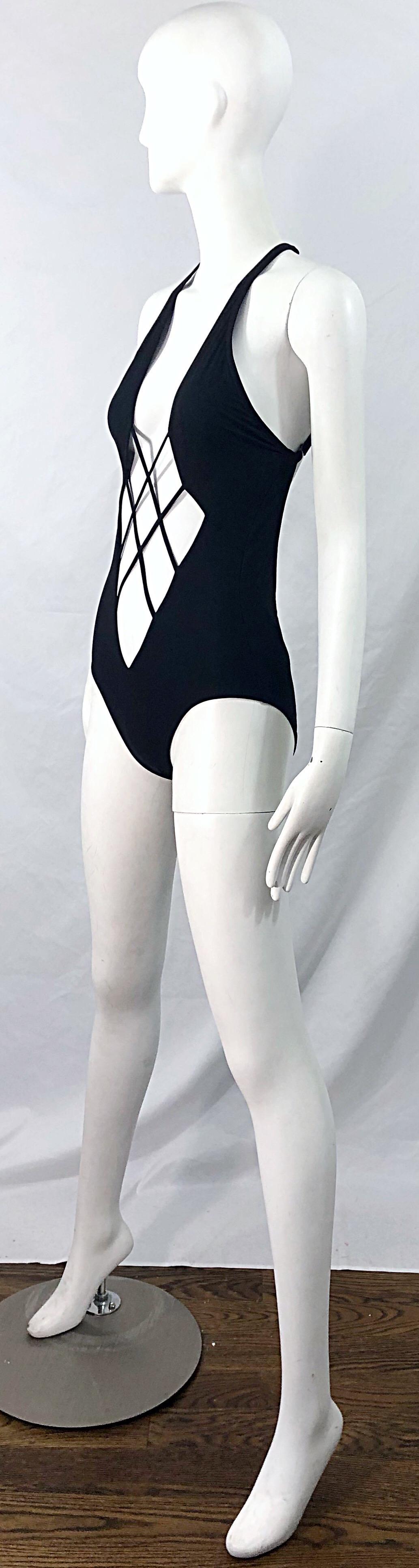 NWT Bob Mackie Late 1970s Black Sexy Cut Out One Piece Vintage Swimsuit Bodysuit 3