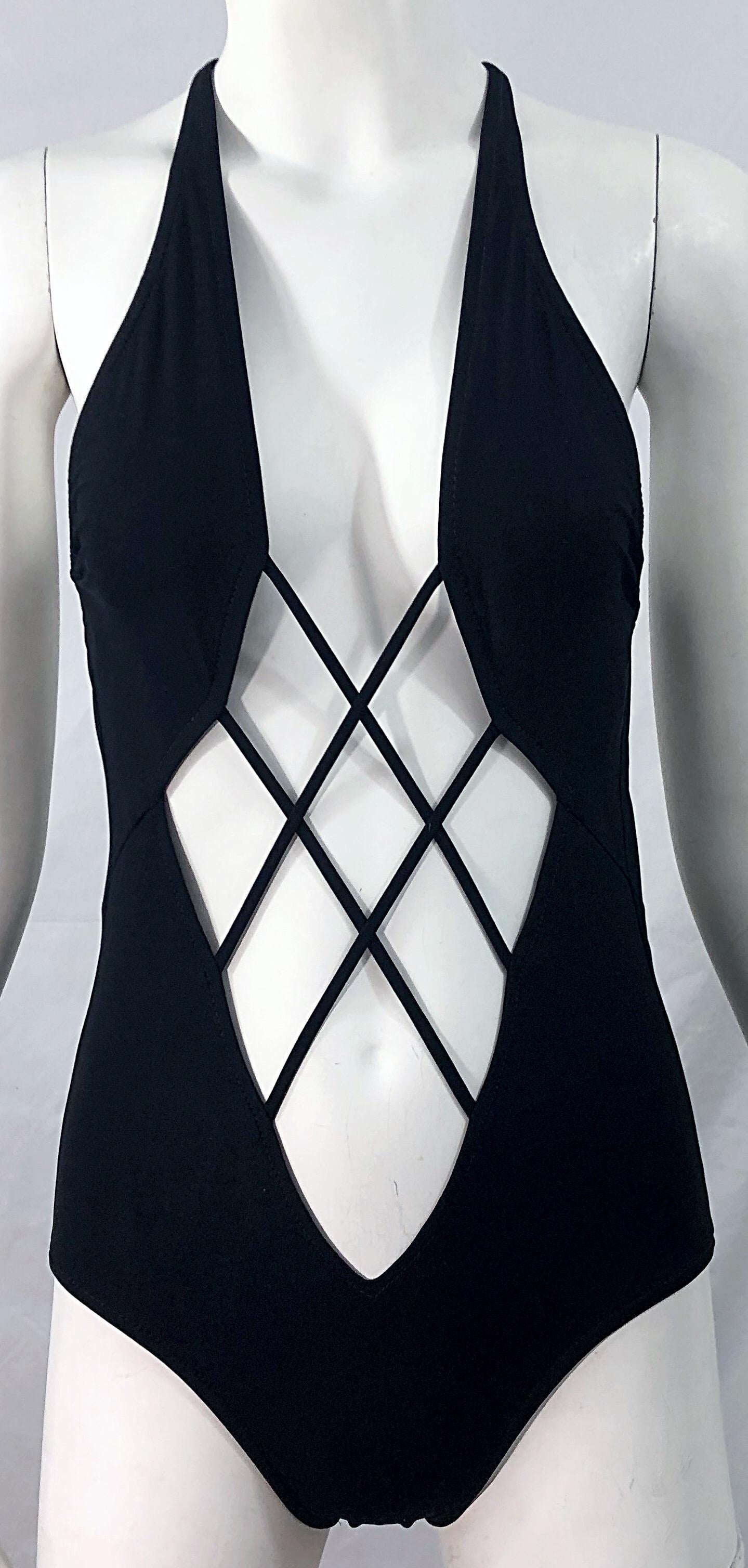 NWT Bob Mackie Late 1970s Black Sexy Cut Out One Piece Vintage Swimsuit Bodysuit 4