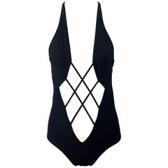 NWT Bob Mackie Late 1970s Black Sexy Cut Out One Piece Vintage Swimsuit Bodysuit