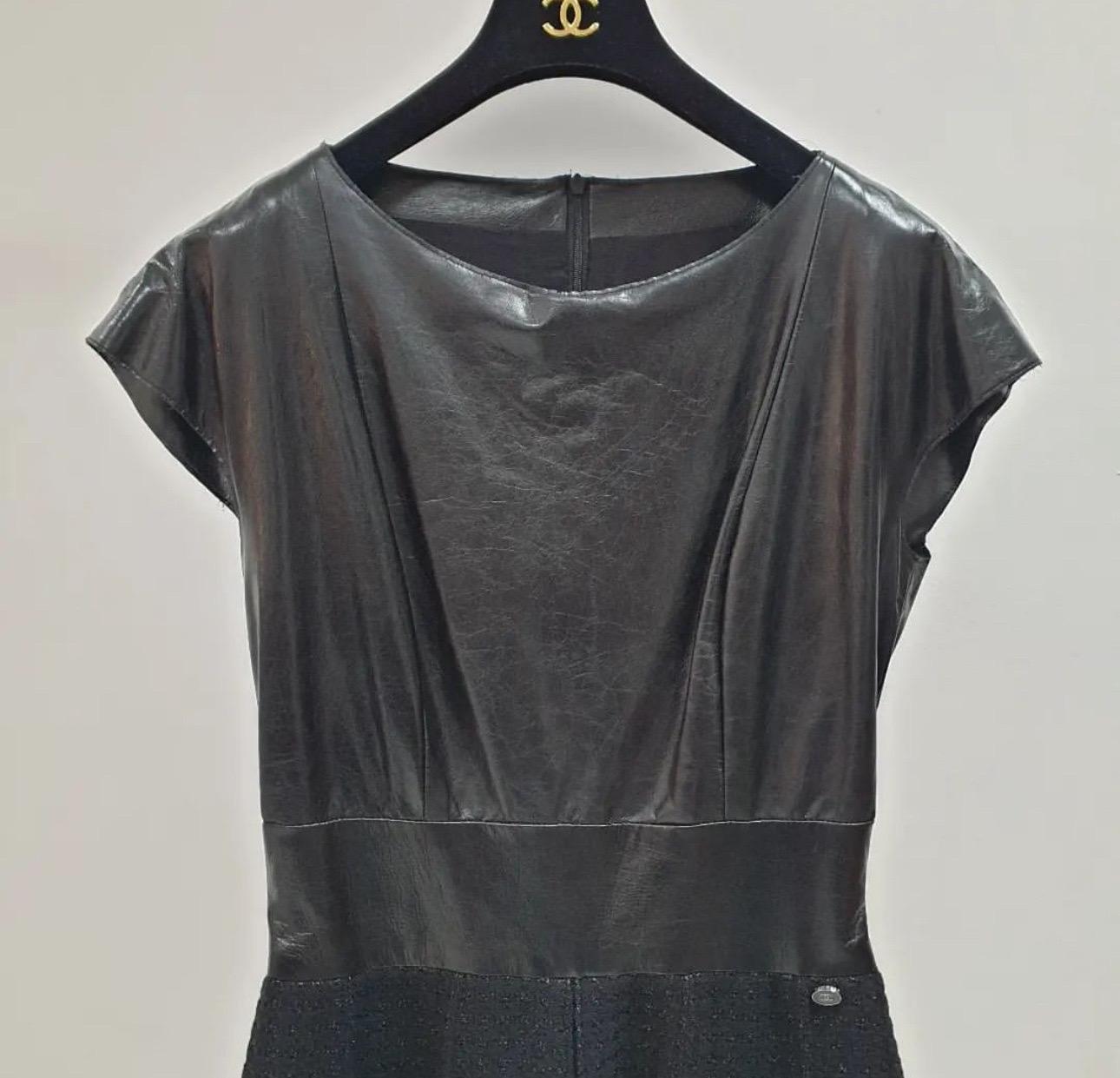 NWT Chanel Black Leather & Tweed Midi Dress  In New Condition For Sale In Krakow, PL