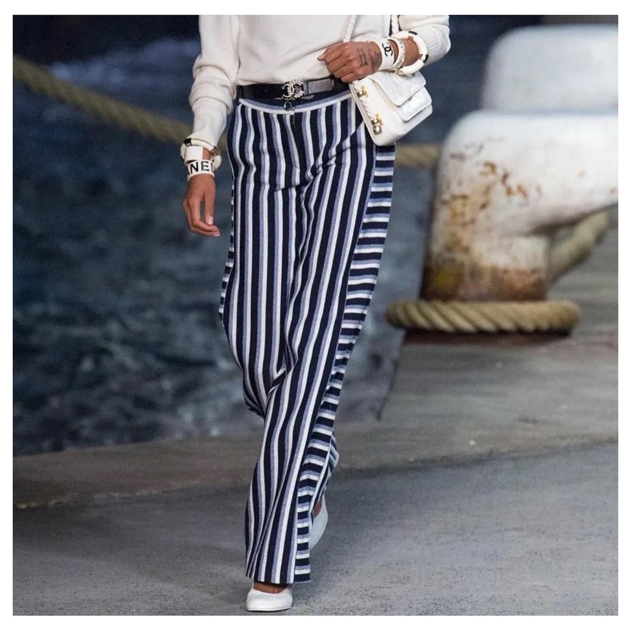 NWT Chanel Cuba Striped Wide Leg Wool Pants Sz.42 For Sale