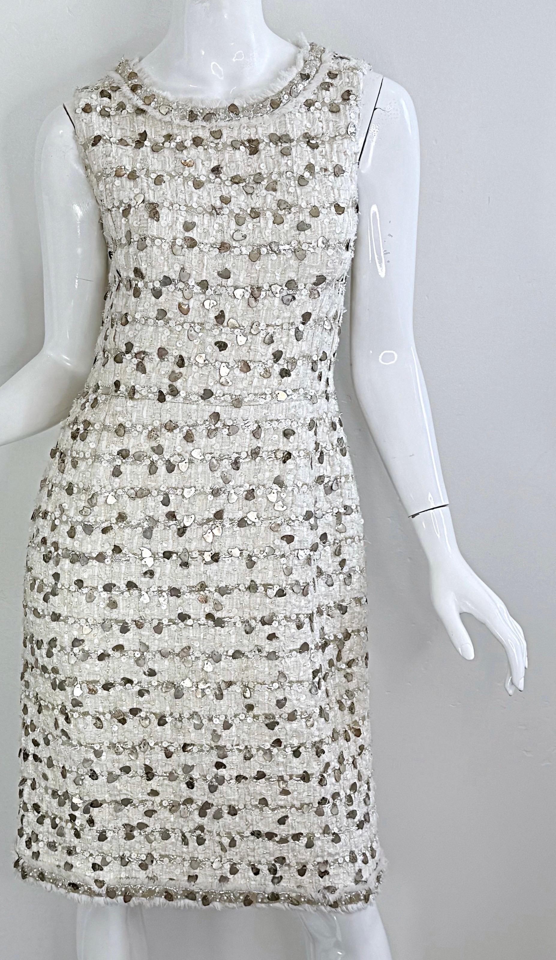 NWT Chanel Spring 2007 Size 40 Ivory Sequin Pearl Encrusted Boucle Dress 11