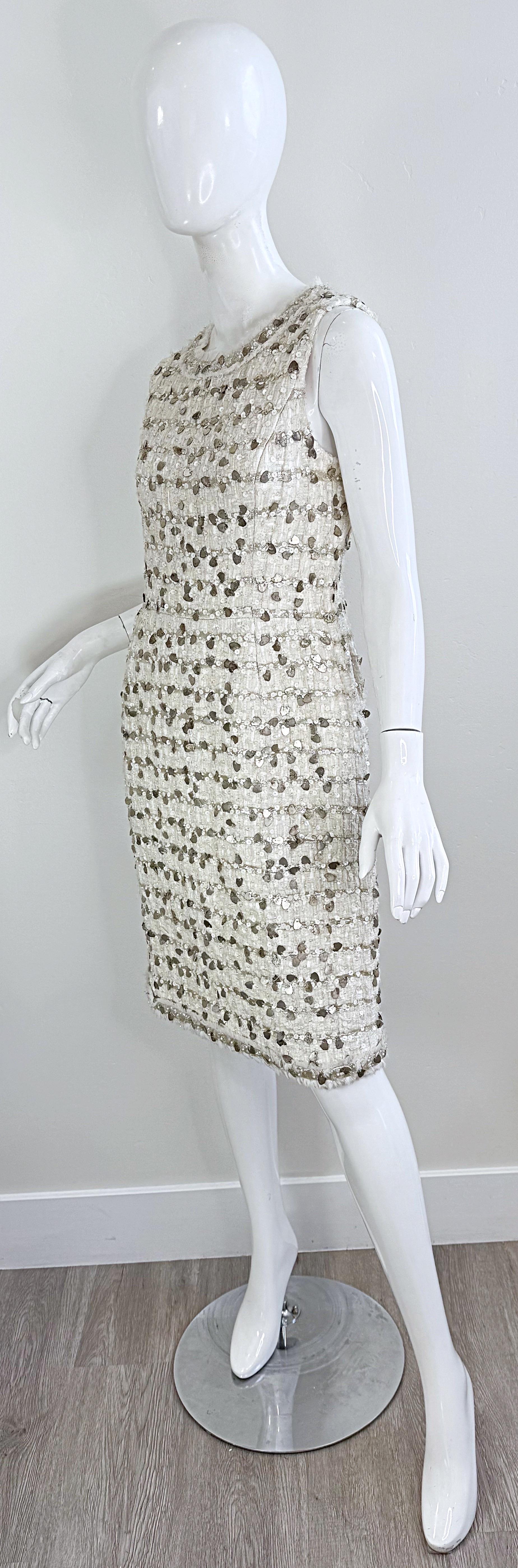 NWT Chanel Spring 2007 Size 40 Ivory Sequin Pearl Encrusted Boucle Dress 14