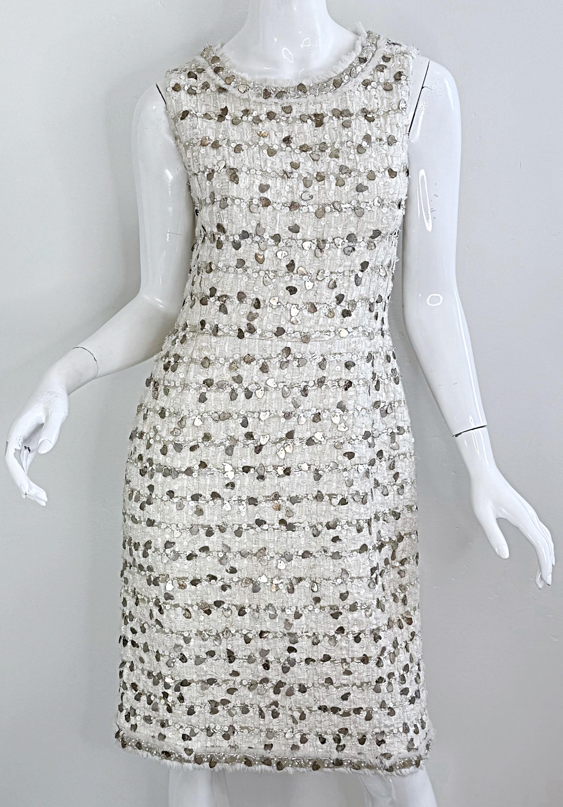 NWT Chanel Spring 2007 Size 40 Ivory Sequin Pearl Encrusted Boucle Dress 15