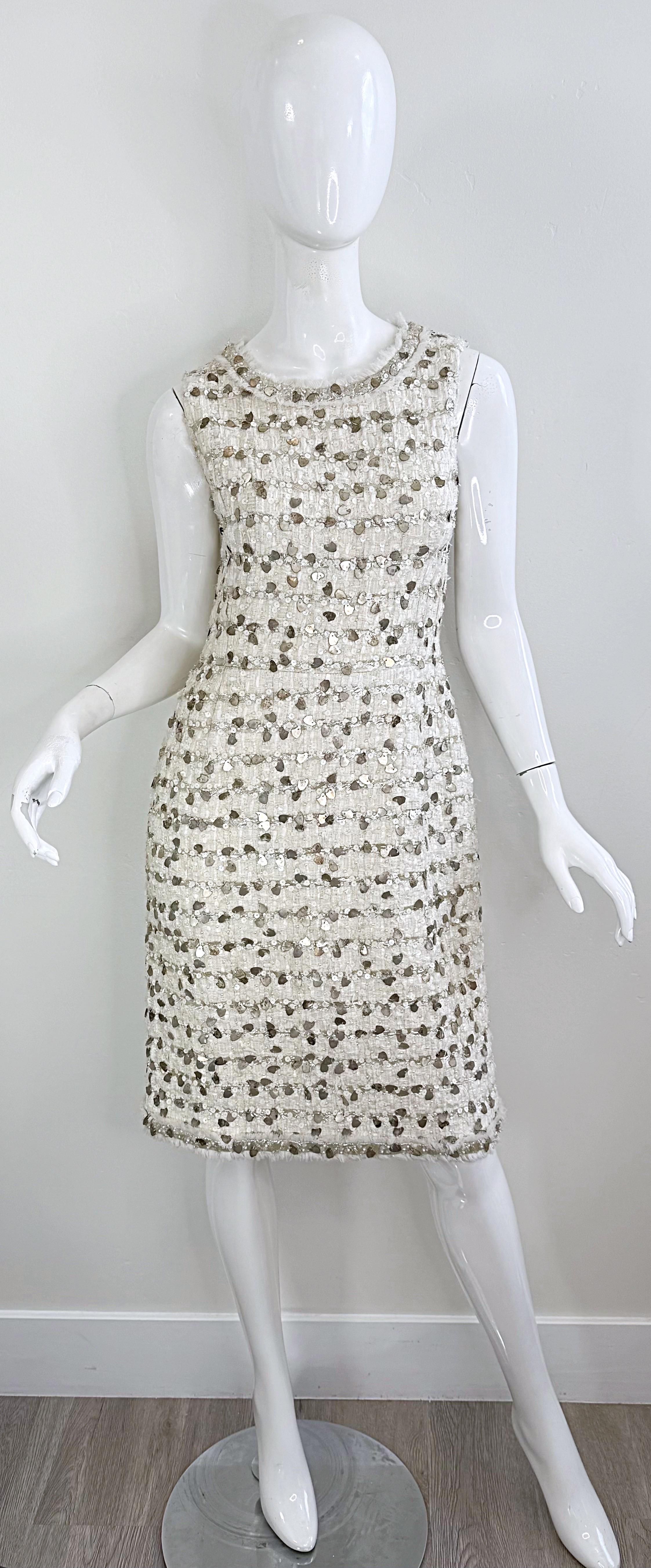 Gray NWT Chanel Spring 2007 Size 40 Ivory Sequin Pearl Encrusted Boucle Dress