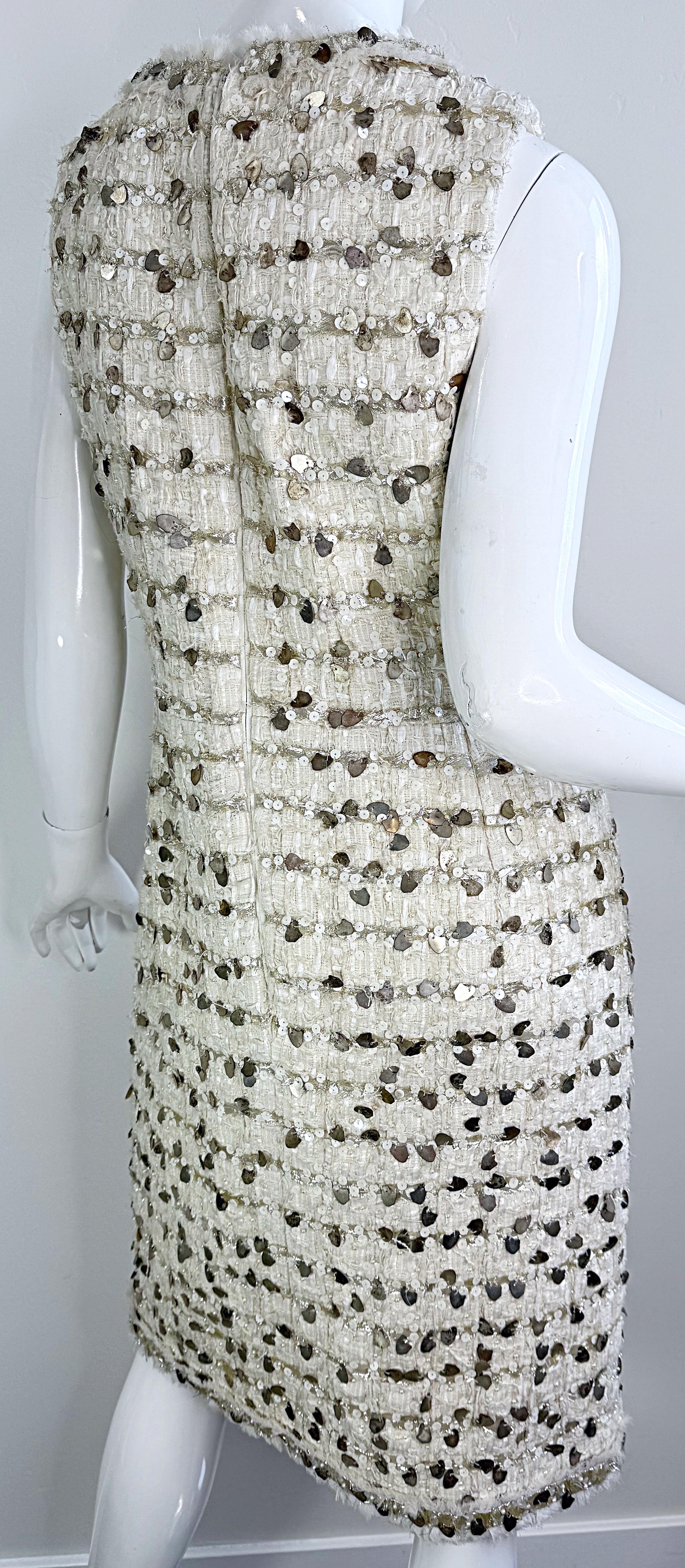 Women's NWT Chanel Spring 2007 Size 40 Ivory Sequin Pearl Encrusted Boucle Dress