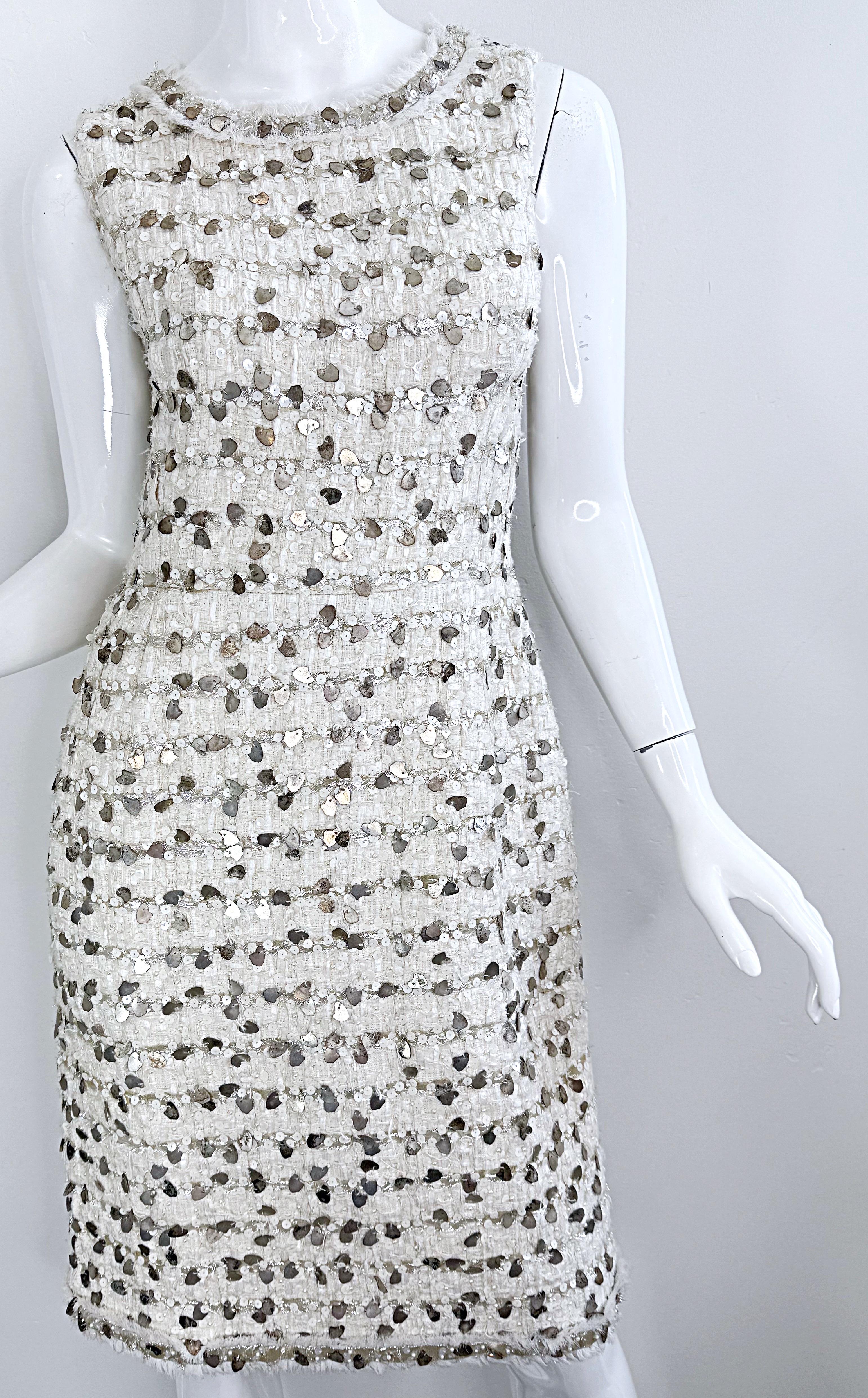NWT Chanel Spring 2007 Size 40 Ivory Sequin Pearl Encrusted Boucle Dress 3