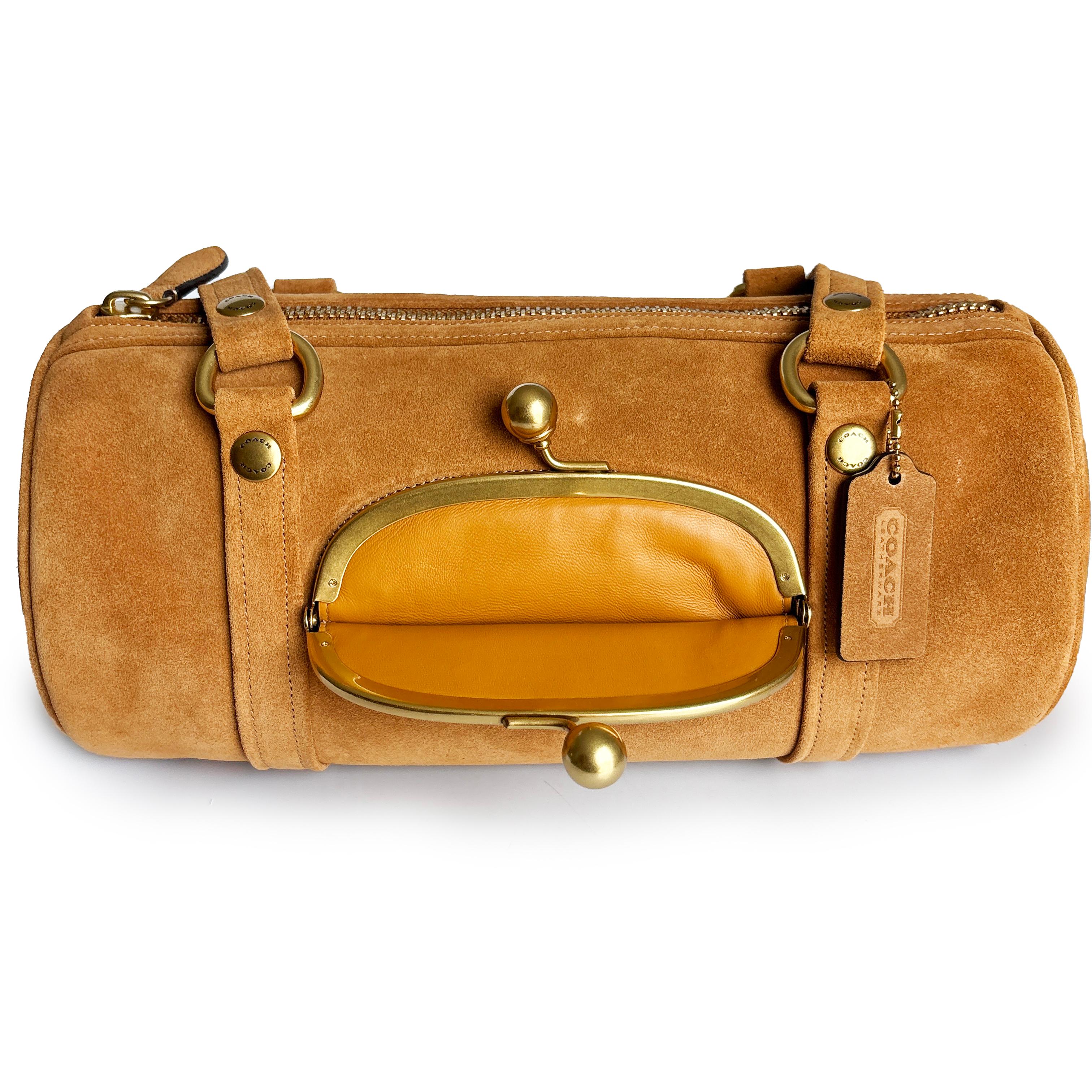 NWT Coach Originals Kisslock Barrel Bag Caramel Suede Leather Limited Edition Unisexe en vente