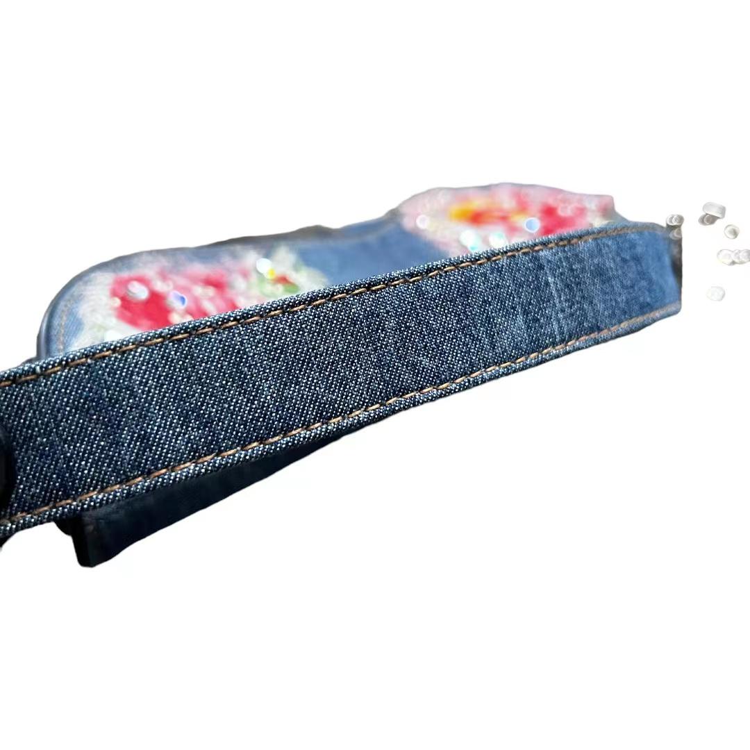 NWT! Dior Denim Crystal Floral Embroidered Saddle Bag In Excellent Condition In Aurora, IL