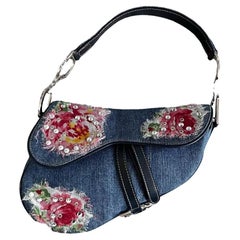 NWT! Dior Denim Crystal Floral Embroidered Saddle Bag