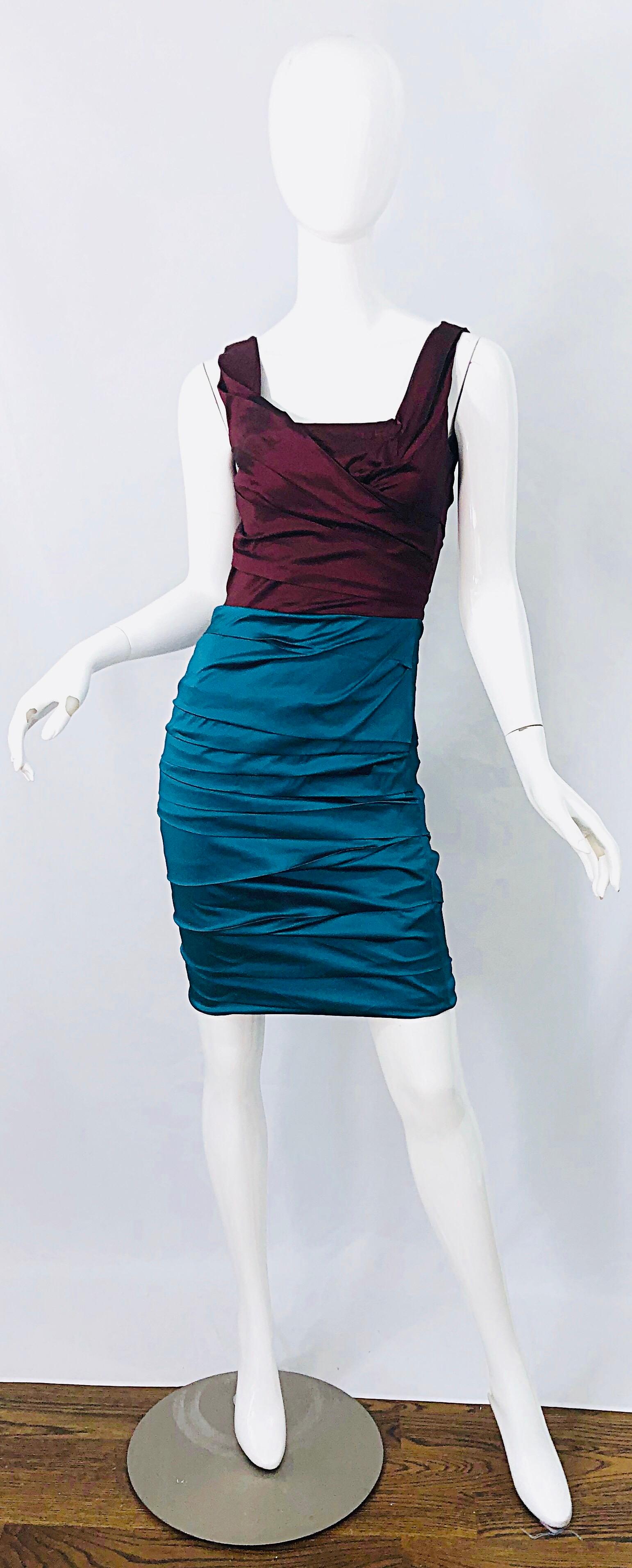 NWT Dolce and Gabbana 1990s Burgundy Turquoise Blue Colorblock Vintage Dress 4