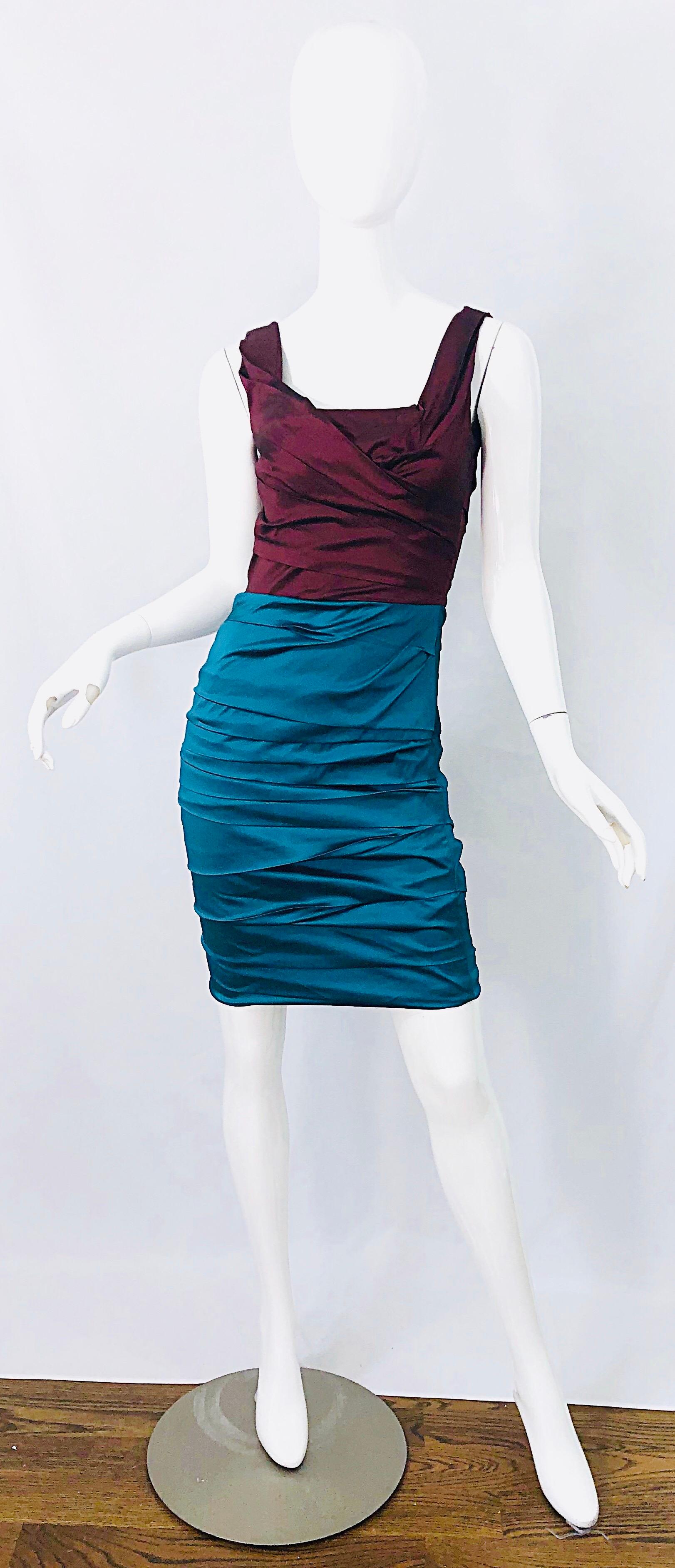 Sexy late 90s brand new DOLCE & GABBANA burgundy / maroon and turquoise blue silk ruched sleeveless dress ! This beauty reminds me of 