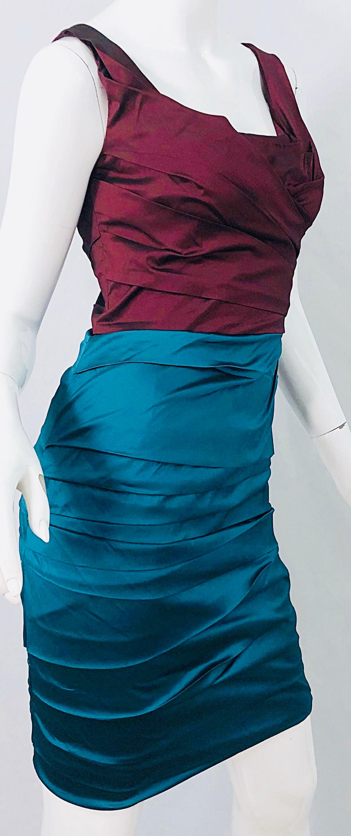 Women's NWT Dolce and Gabbana 1990s Burgundy Turquoise Blue Colorblock Vintage Dress