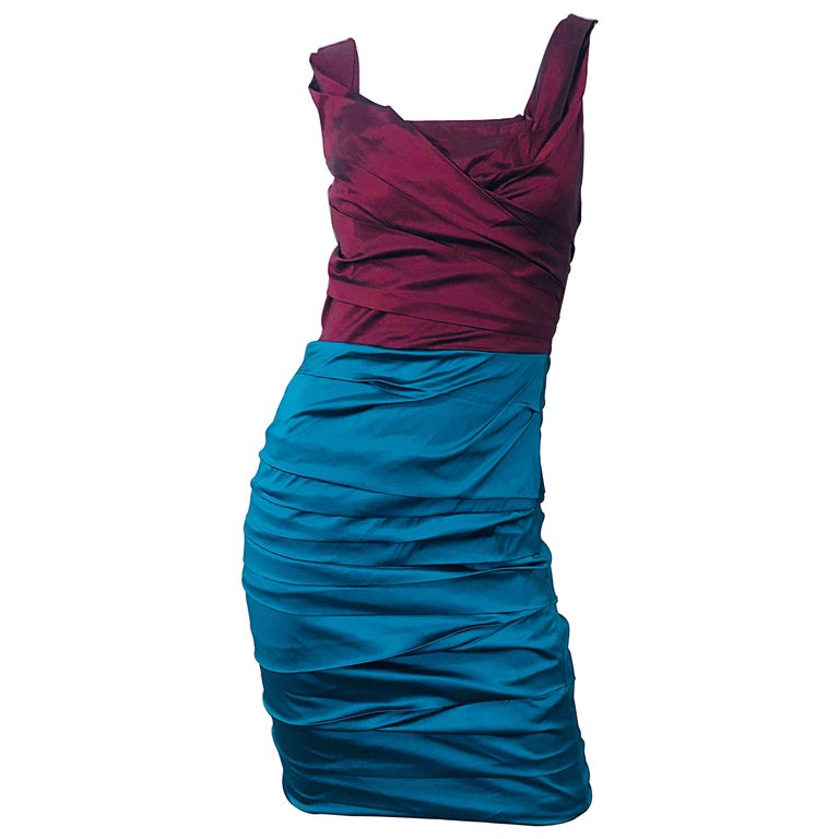 NWT Dolce and Gabbana 1990s Burgundy Turquoise Blue Colorblock Vintage Dress  at 1stDibs