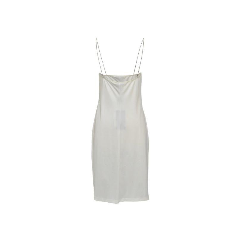V-neck Dolce and Gabbana knee length pearl white slip dress with silver chain straps.  Fabric Contents: 80% Nylon, 20% Elastane.

Additional information:
Marked size XL, fits size US 0 - 10 depending on desired fit.
Pit to Pit: 15.2” Inches
Waist: