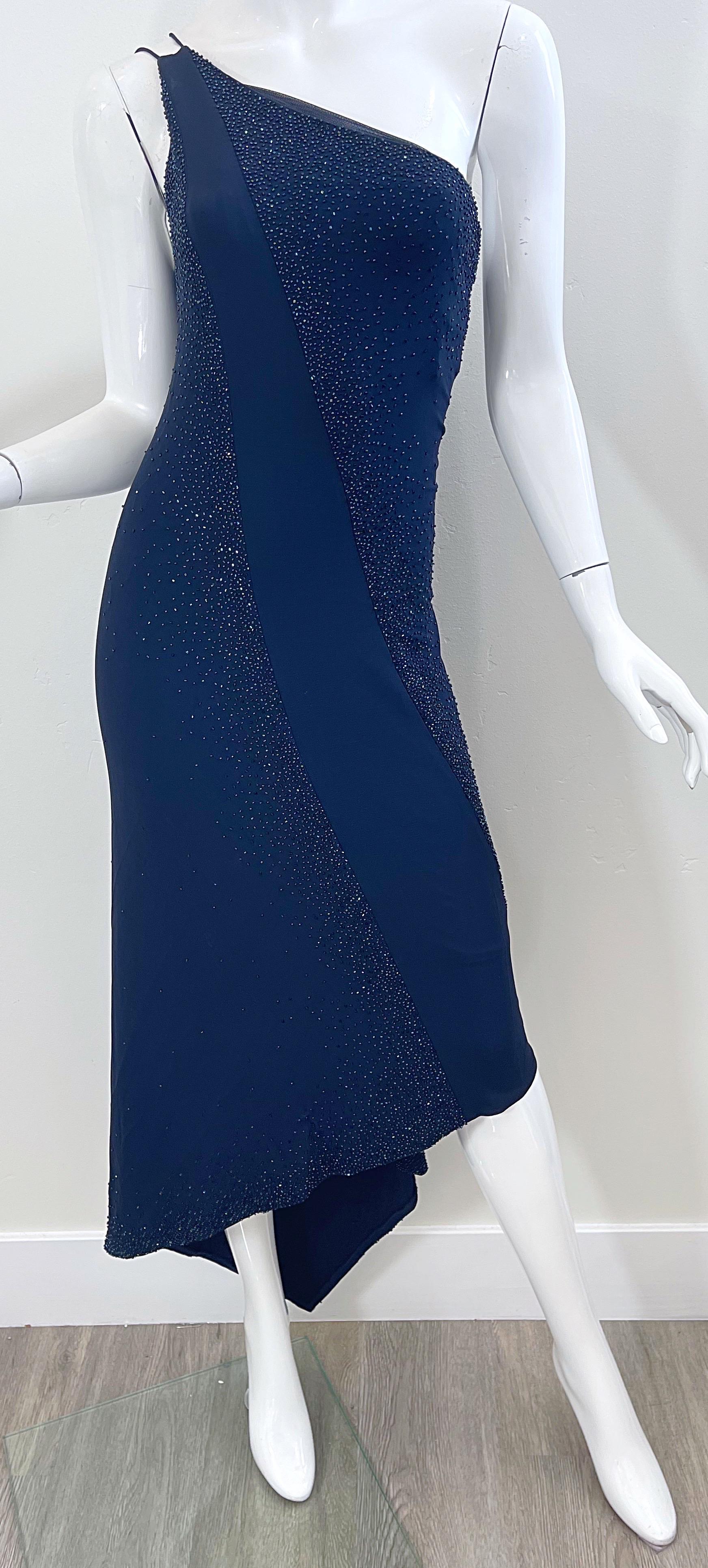NWT Donna Karan 90s Size 8 Navy Blue Beaded Handkerchief Hem One Shoulder Dress For Sale 2