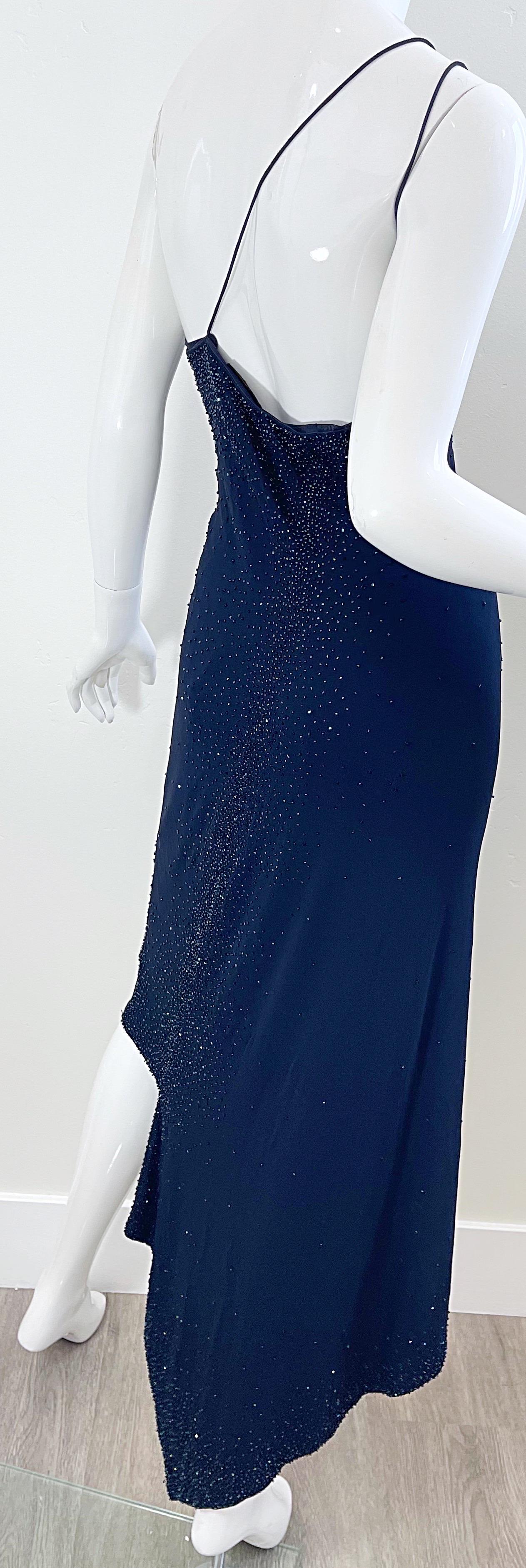 NWT Donna Karan 90s Size 8 Navy Blue Beaded Handkerchief Hem One Shoulder Dress For Sale 3
