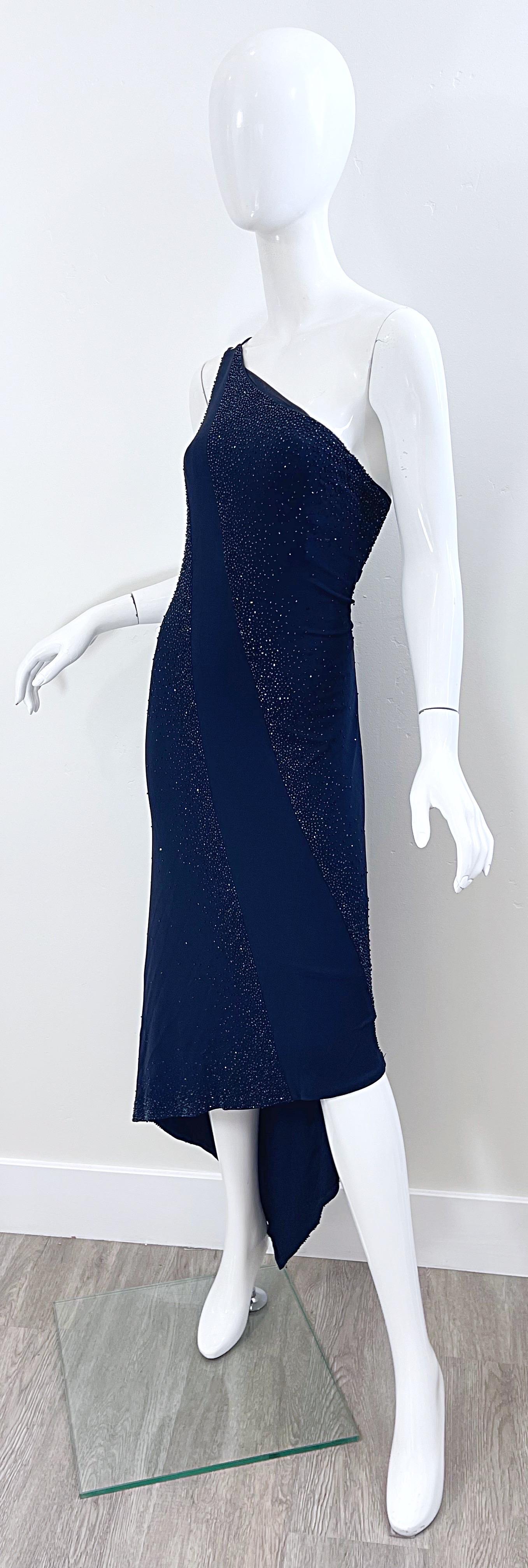 NWT Donna Karan 90s Size 8 Navy Blue Beaded Handkerchief Hem One Shoulder Dress For Sale 5