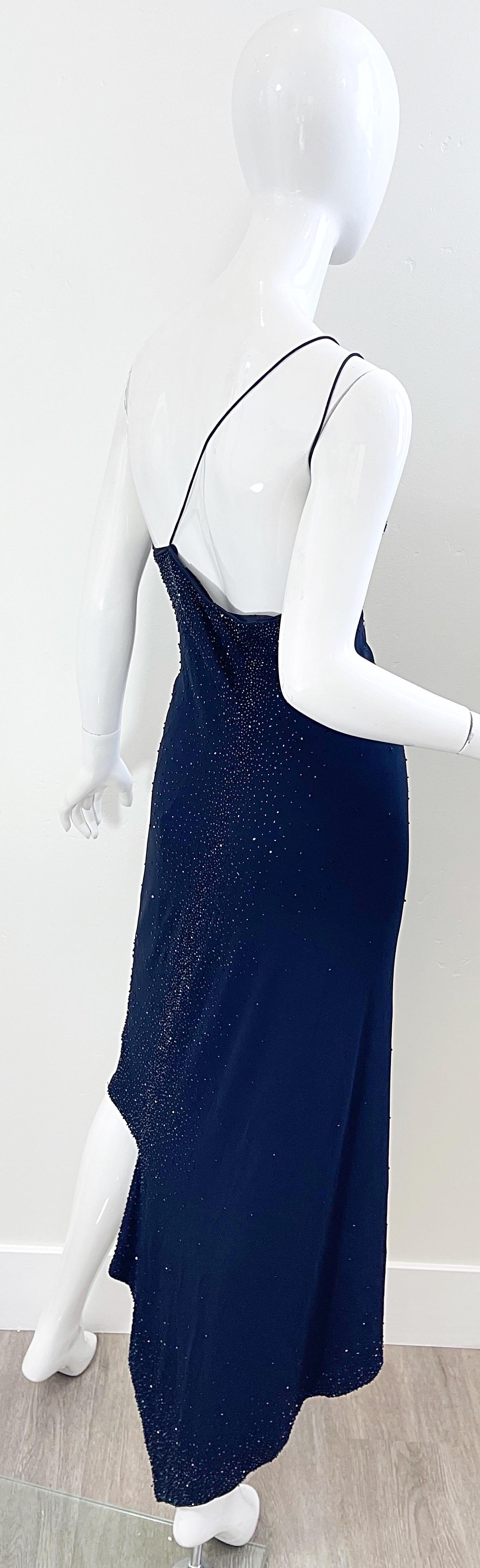NWT Donna Karan 90s Size 8 Navy Blue Beaded Handkerchief Hem One Shoulder Dress For Sale 6