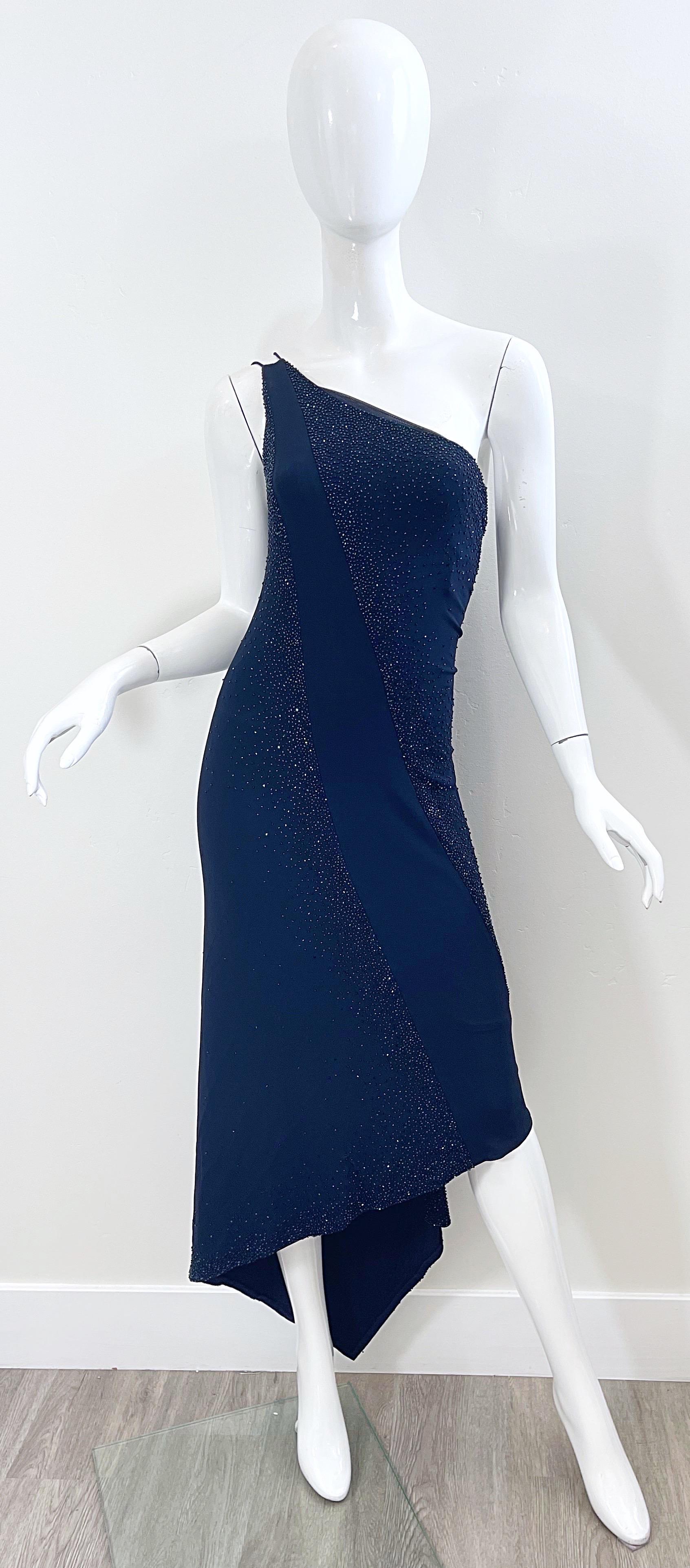 NWT Donna Karan 90s Size 8 Navy Blue Beaded Handkerchief Hem One Shoulder Dress For Sale 7