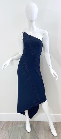 NWT Donna Karan 90s Size 8 Navy Blue Beaded Handkerchief Hem One Shoulder Dress