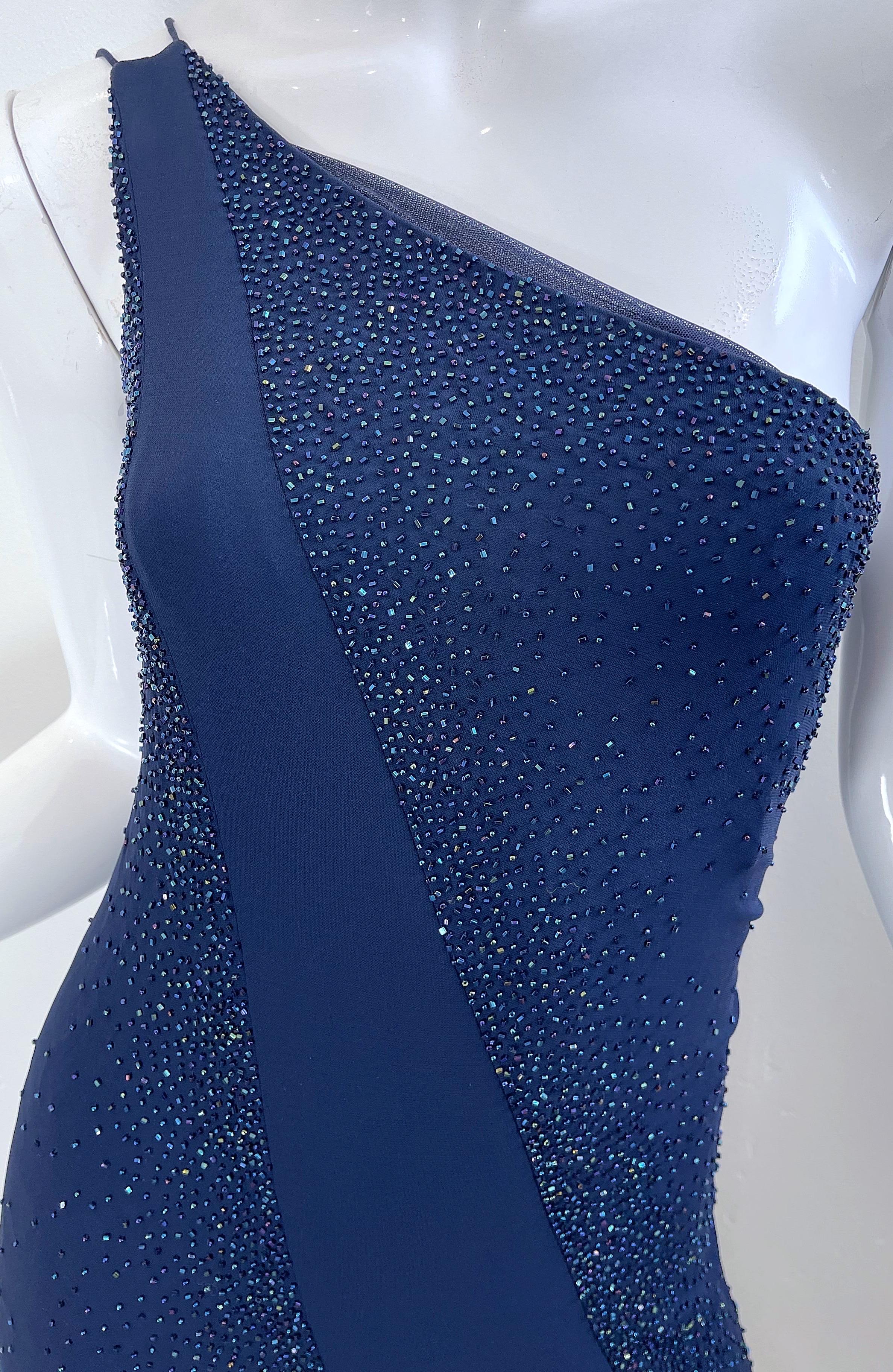NWT Donna Karan 90s Size 8 Navy Blue Beaded Handkerchief Hem One Shoulder Dress Pour femmes en vente