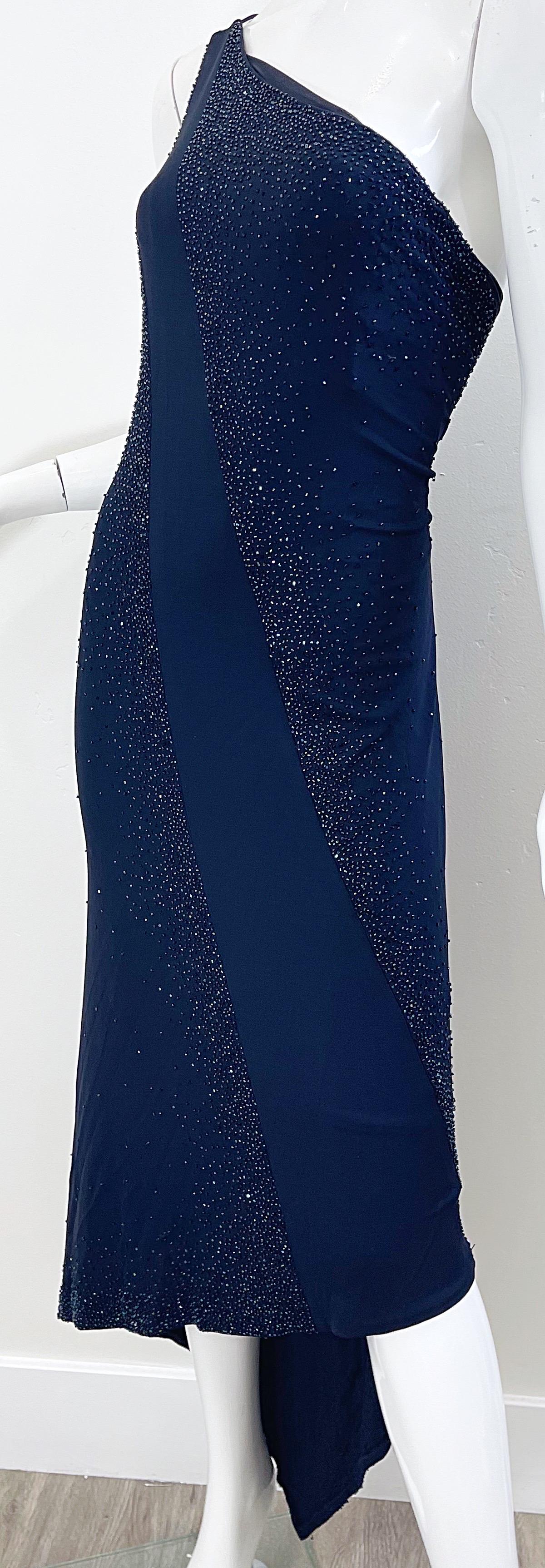 Black NWT Donna Karan 90s Size 8 Navy Blue Beaded Handkerchief Hem One Shoulder Dress For Sale