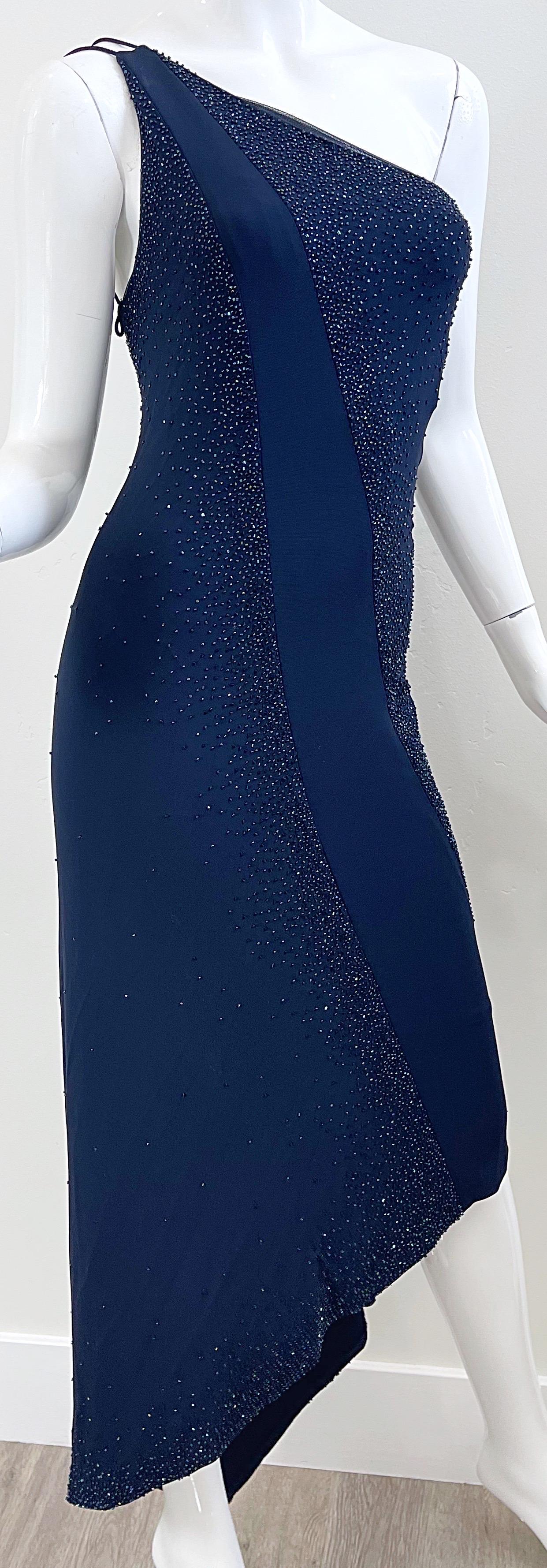 NWT Donna Karan 90s Size 8 Navy Blue Beaded Handkerchief Hem One Shoulder Dress For Sale 1