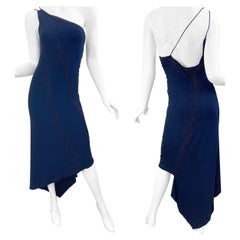 NWT Donna Karan anni '90 taglia 8 Vestito monospalla con fazzoletto e perline blu navy